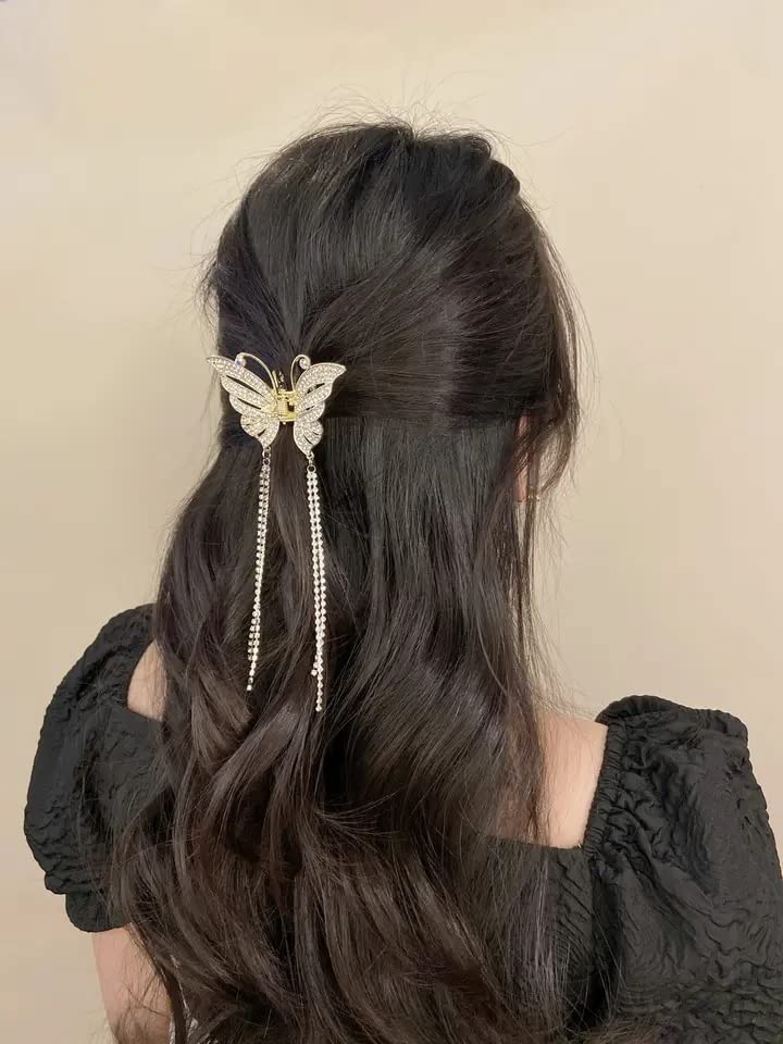 Falkiya Rhinestone Tassel Butterfly Hair Clips - Gold Metal Hair Claws with Pearls for Women & Girls | Small Size Hair Accessories for Parties, Weddings & Everyday Styling