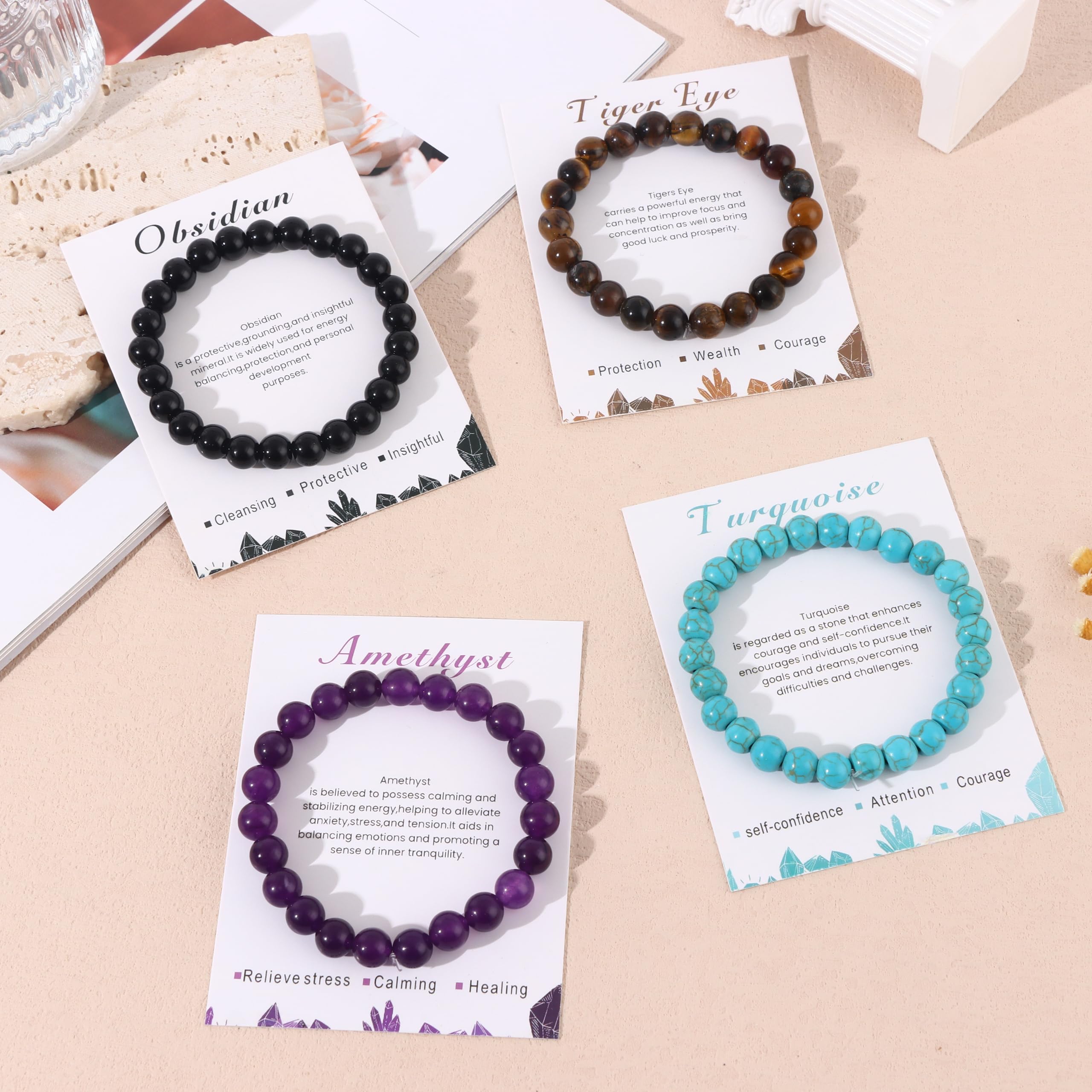 MOZAKA 12PCS Natural Crystal Bracelets for Women & Men - 8mm Semi-Precious Gemstone Beaded Stretch Bracelets, Healing Stone Unisex Jewelry Gift for Meditation, Yoga & Positive Energy