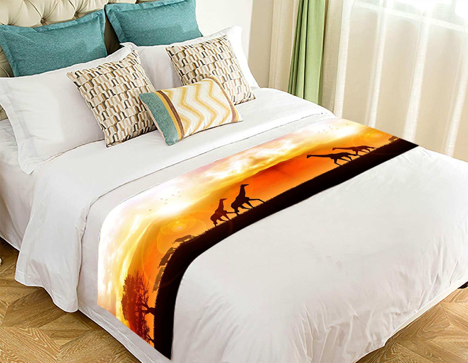 ECZJNT African Wildlife Silhouette Bed Runner - 20x95 Inch Bed Scarf for Queen King Beds - Elegant Bedroom Decor with Safari Animal Prints - Perfect for Home Styling, Guest Rooms & Hotel Decor