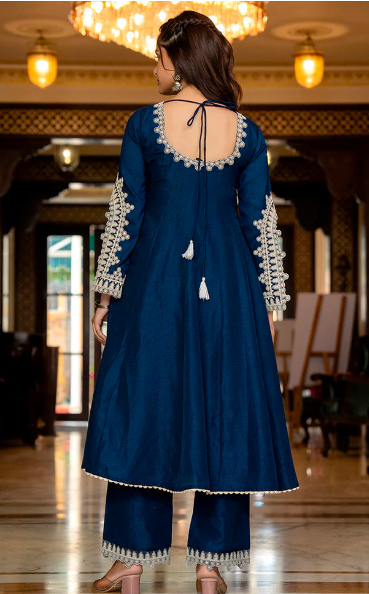Blue Silk Blend Anarkali Kurta Set for Women | Elegant Indian Ethnic Dress | Perfect for Weddings, Festivals & Special Occasions