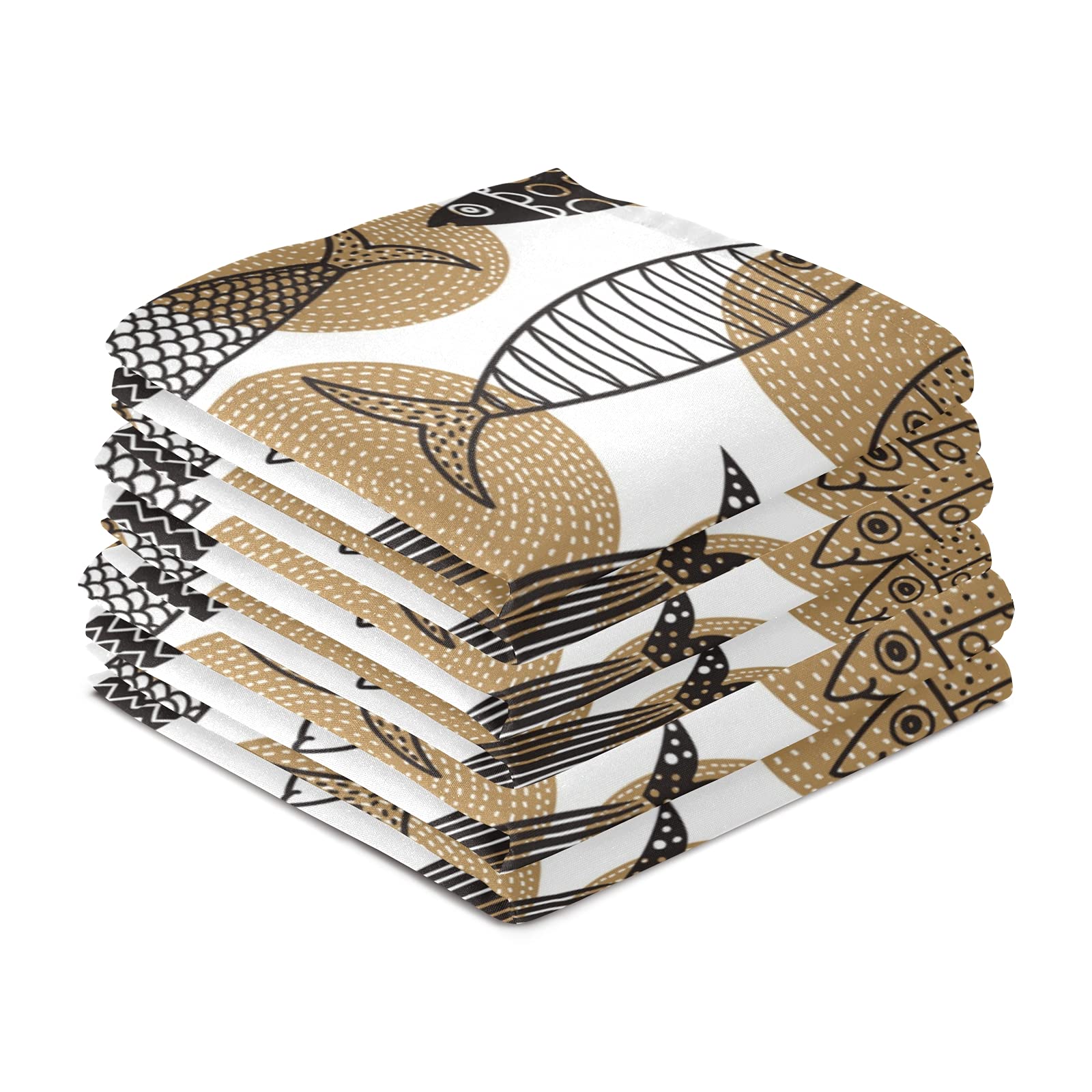 Poeticcity Handmade Tribal Fish Design Kitchen Dish Towel - Set of 1 Brown Ethnic Waffle Weave Dishcloth with Hanging Loop, Polyester Tea Towel for Drying Dishes, Bar Mop & Counter Cleaning | Perfect for Farmhouse, Boho & Coastal Kitchen Decor