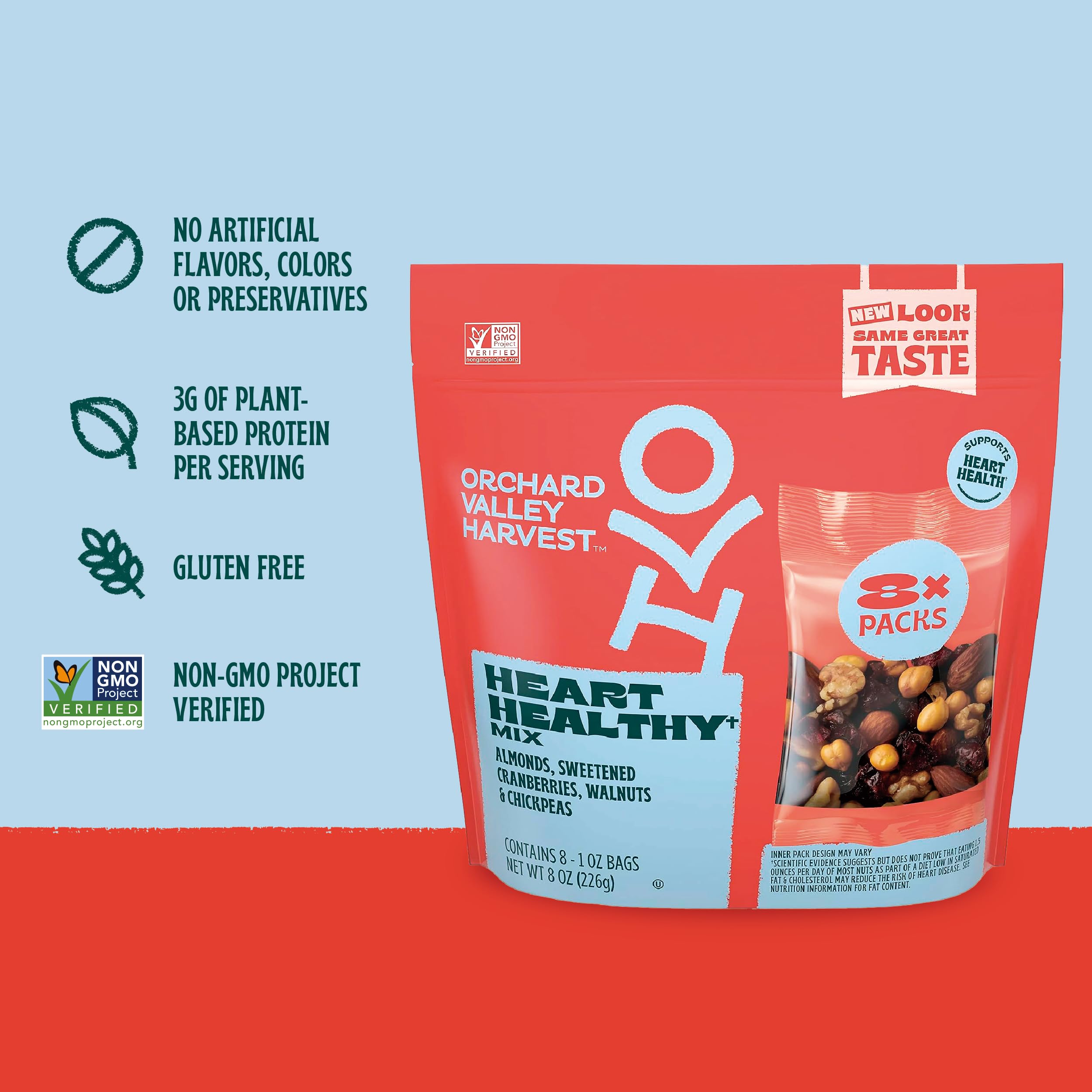 Orchard Valley Harvest Heart Healthy Snack Mix - 1 oz (Pack of 8) | Almonds, Cranberries, Walnuts & Chickpeas | Gluten Free, Non-GMO, No Artificial Ingredients | Resealable Bag for Freshness | Perfect for On-the-Go Snacking, Office Treats & Kids Lunchboxes