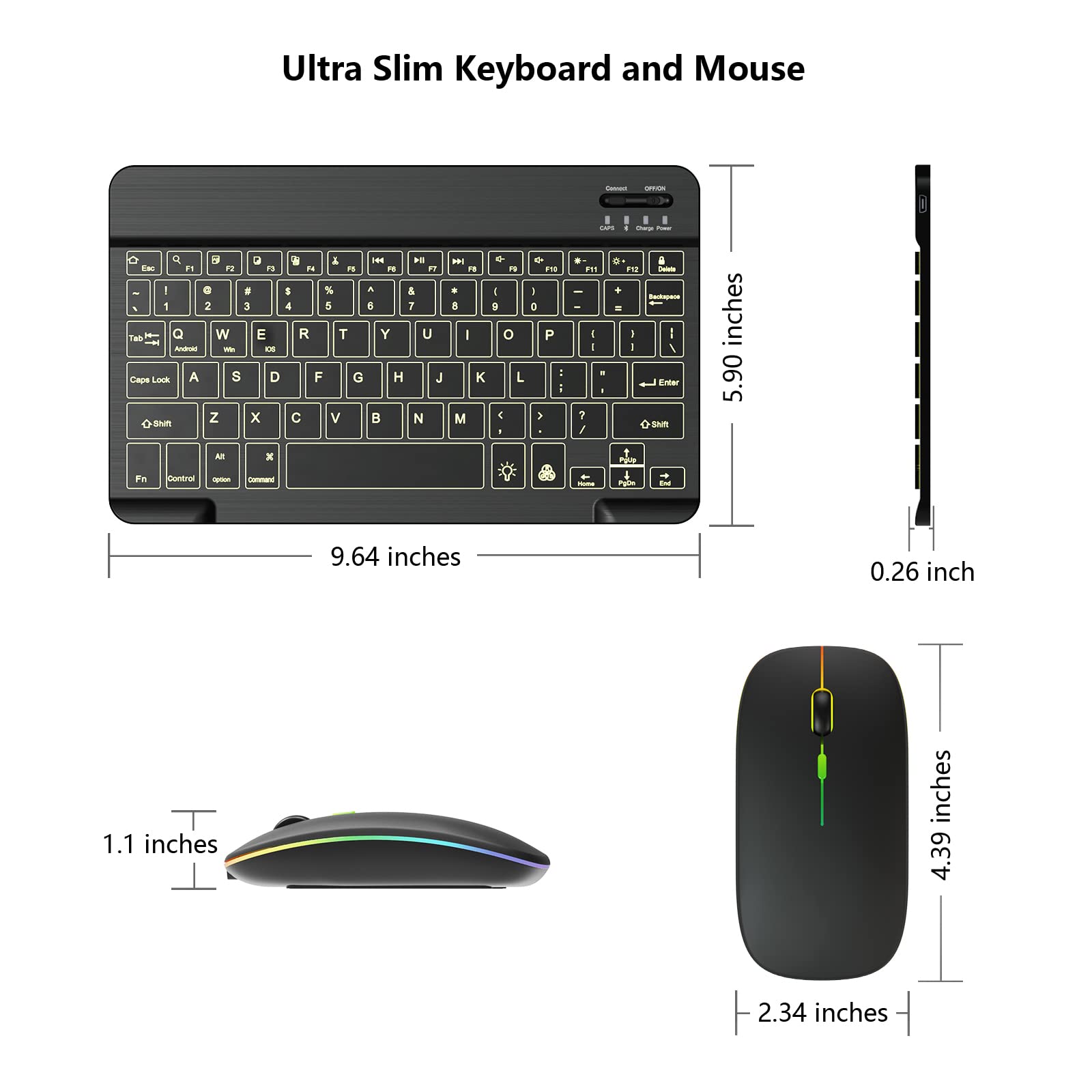 Backlit Bluetooth Keyboard and Mouse Combo - Ultra Slim Wireless Rechargeable for iPad Air/Pro/Mini, iPhone, Android, Samsung Smartphones - Compatible with iPadOS 13+ (Black) | Perfect for Home Office, Remote Work & Travel