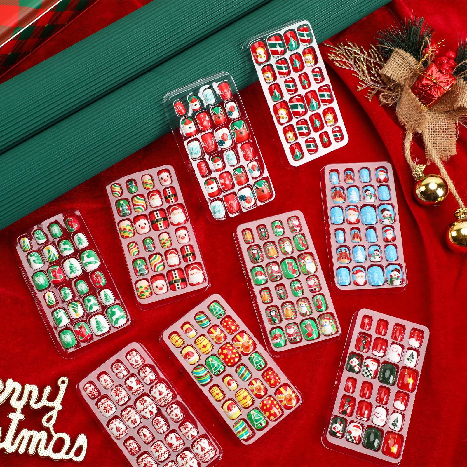 216Pcs Christmas Press on Nails for Kids - 9 Pack Short False Nail Tips with Holiday Designs | Girls Nail Art Decorations | Perfect for Christmas Parties, Gifts & Festive Nail Fashion
