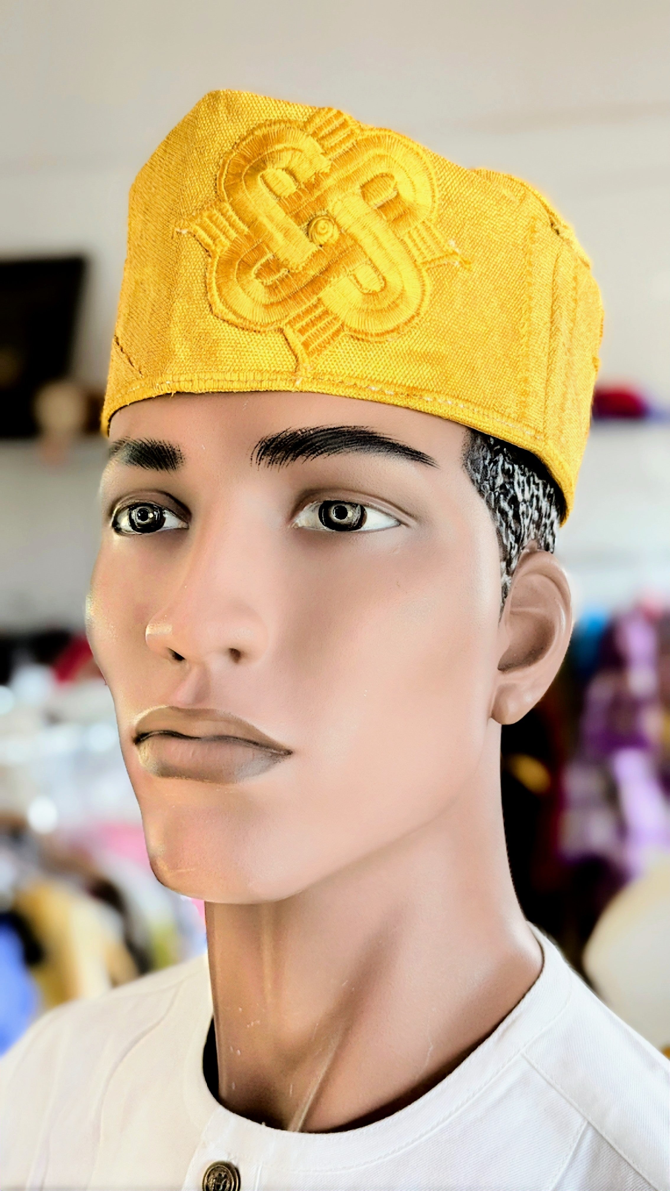 Handwoven African Aso Oke Kufi Cap - Majestic Gold Embroidered Fila by Dupsie | Traditional Nigerian Headwear for Weddings, Festivals & Cultural Events | DPHASFH4