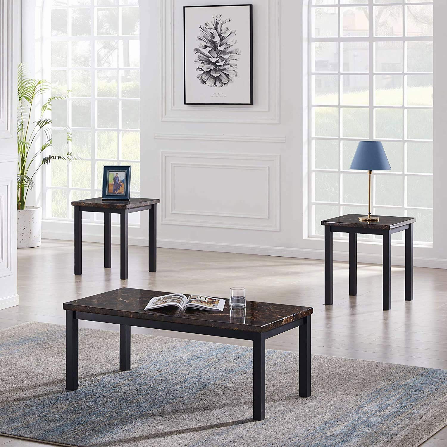 Hooseng 3-Piece Coffee Table Set with Faux Marble Tabletop & Black Metal Frame - Modern Sofa Side Tables for Living Room - Includes Coffee Table & 2 End Tables in Brown - Perfect for Home Decor, Small Space Furniture & Coffee Table Styling