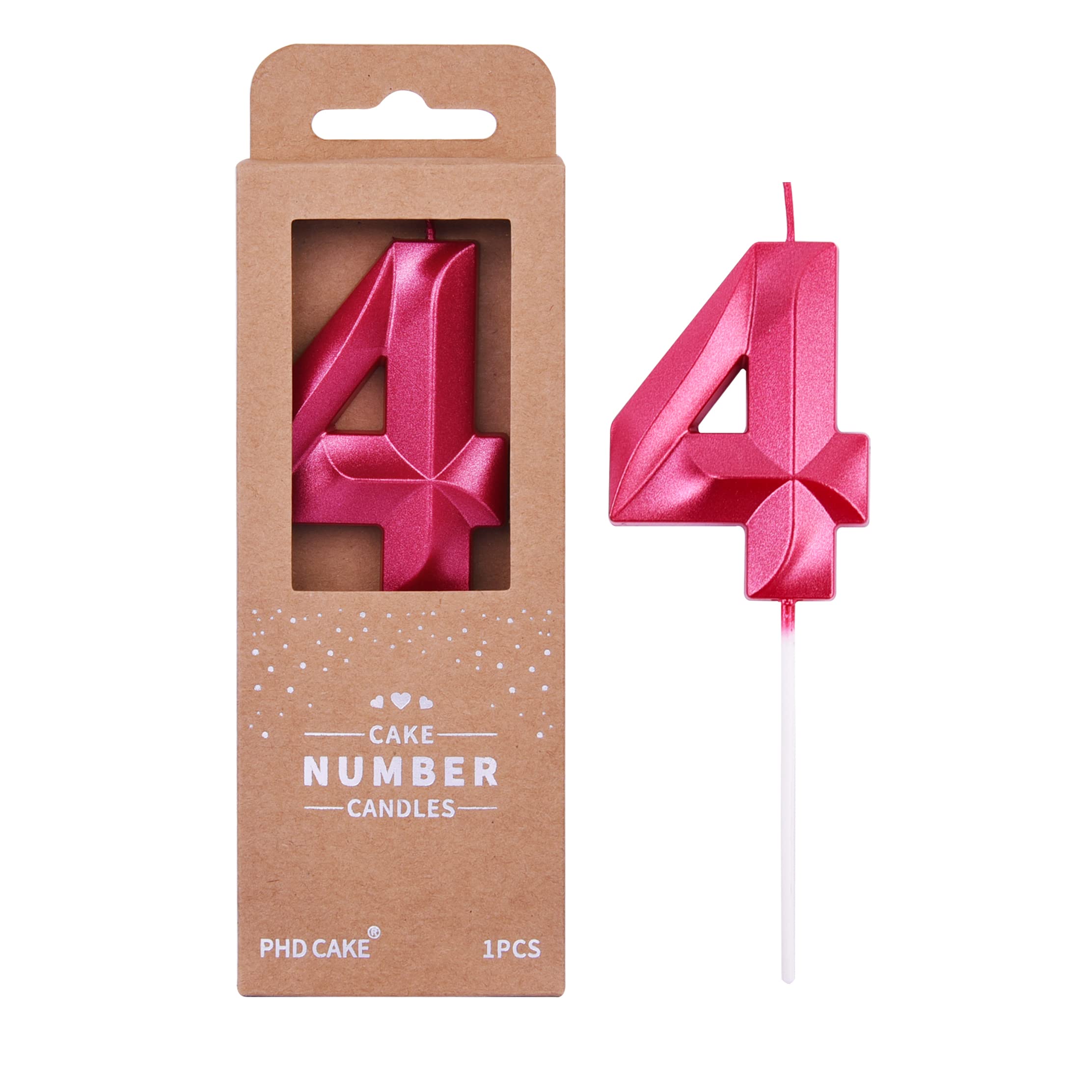 PHD CAKE 2.76 Inch Diamond Red Number 4 Birthday Candles - Premium Cake Topper for Anniversary, Wedding & Party Decorations (Set of 1)