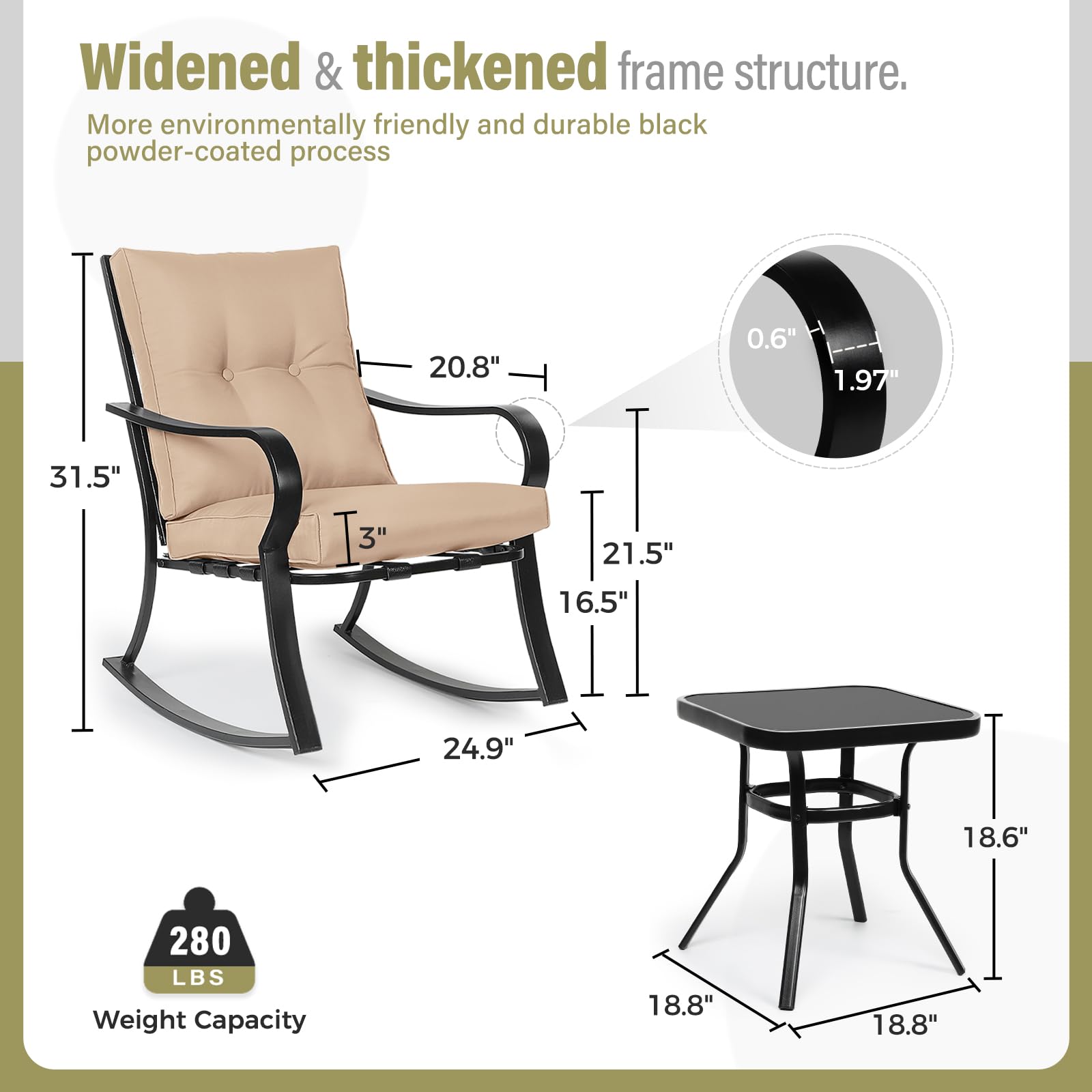 SOLAURA 3-Piece Outdoor Rocking Chair Set with Cushions - Black Iron Patio Bistro Furniture with Glass-Top Coffee Table - Perfect for Garden, Porch & Backyard Relaxation