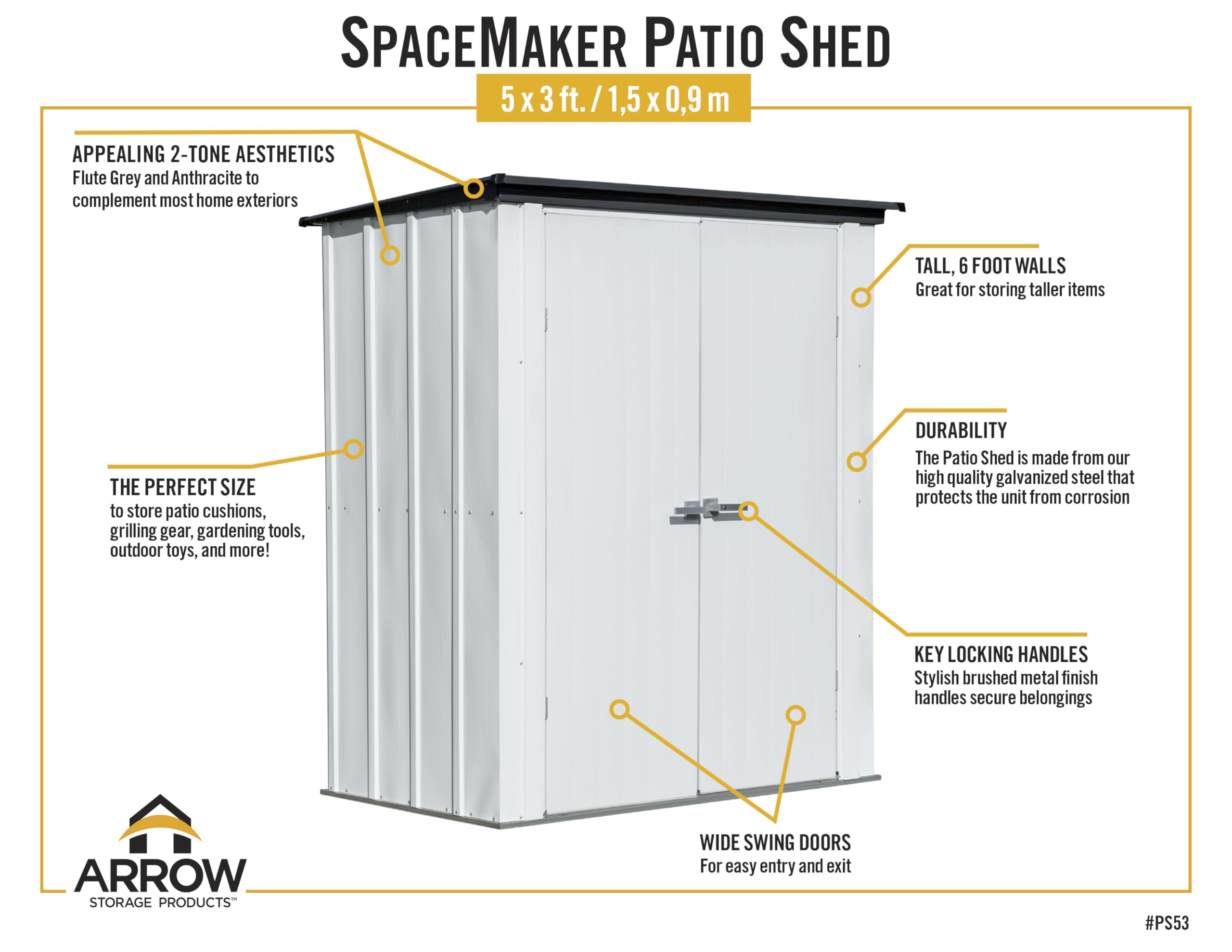 Arrow 5' x 3' x 6' Compact Outdoor Metal Storage Shed Kit - Flute Gray & Anthracite - Perfect for Backyard, Patio & Garden Organization