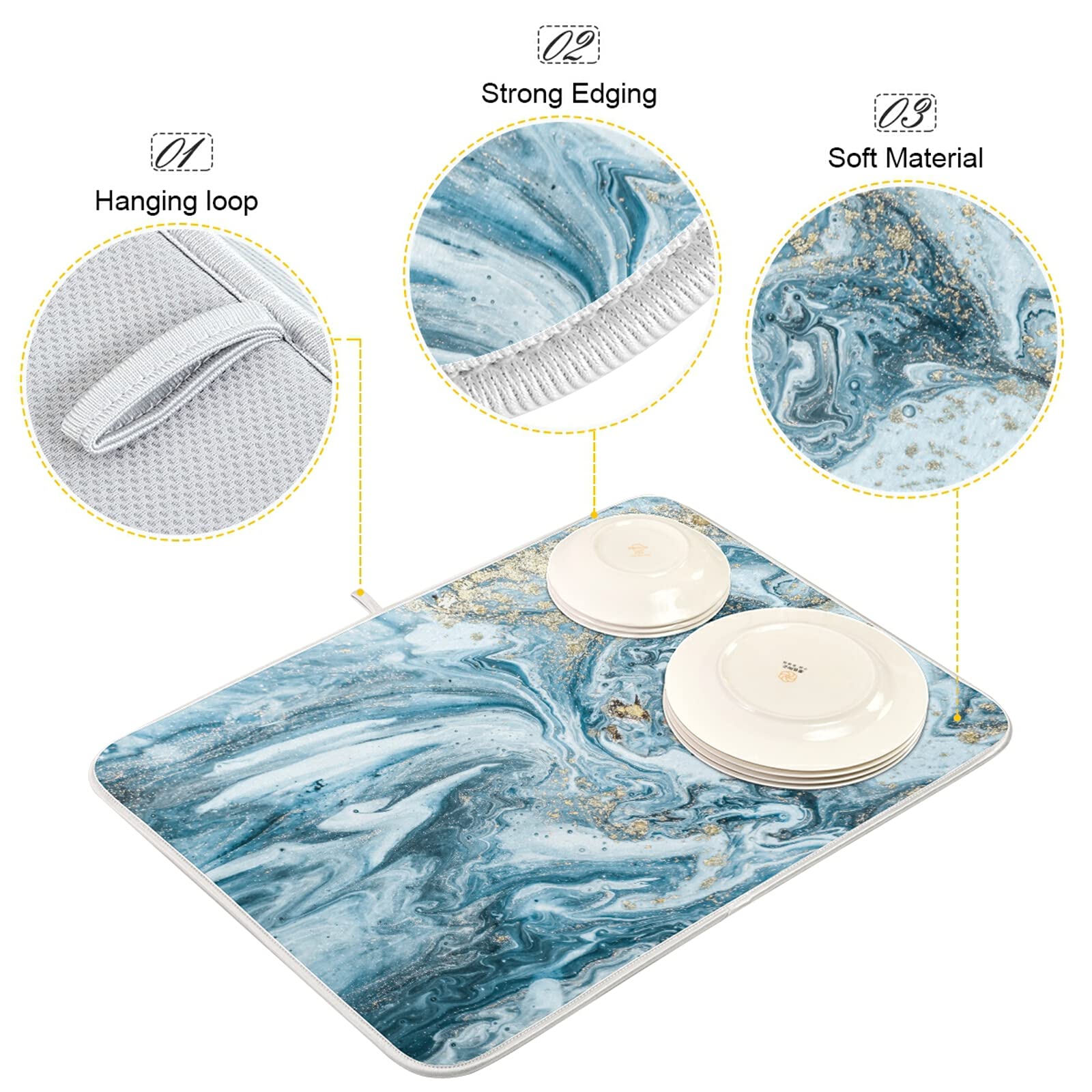 Marble Dish Drying Mat 16x18 Inch - Absorbent Kitchen Counter Mat for Dishes & Utensils