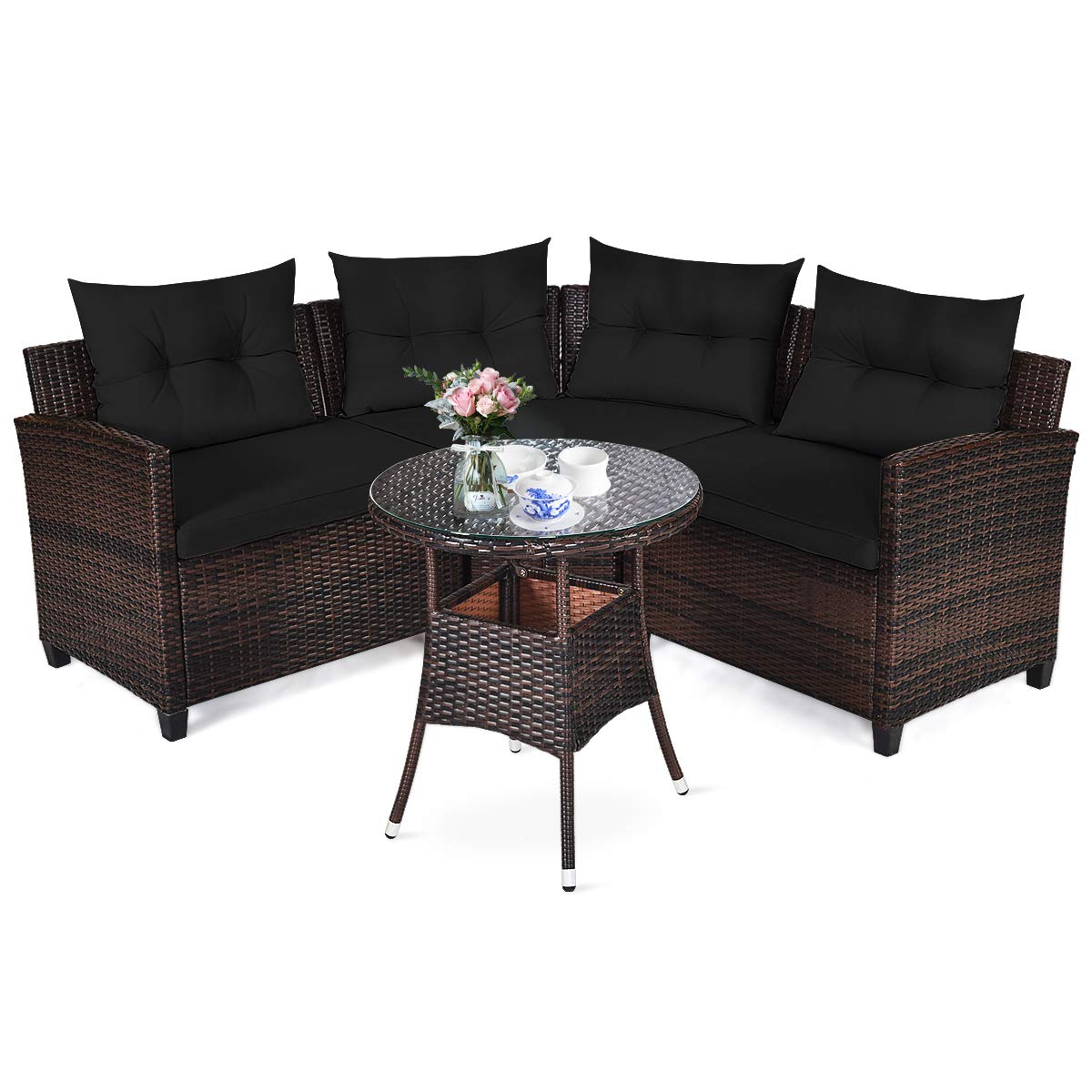 Tangkula 4-Piece Outdoor Patio Furniture Set - Modern Black C-Shape Wicker Sectional Sofa with Cushions & Glass Coffee Table - Durable Rattan Conversation Set for Garden, Poolside, Balcony, Deck or Backyard Relaxation