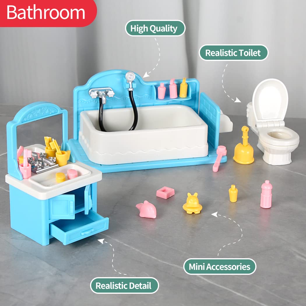 TAKIHON Dollhouse Furniture Set - Mini Kitchen & Bathroom Toys with Fridge & Washing Machine | Educational Pretend Play Accessories for Kids, Toddlers, Boys & Girls | Perfect for Role Play, Early Learning & Creative Fun