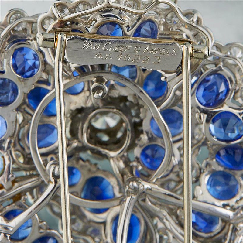 Van Cleef & Arpels Luxury Sapphire and Diamond Camellia Flower Brooch Pin - Elegant Jewelry Gift for Women, Perfect for Weddings, Galas & Special Occasions