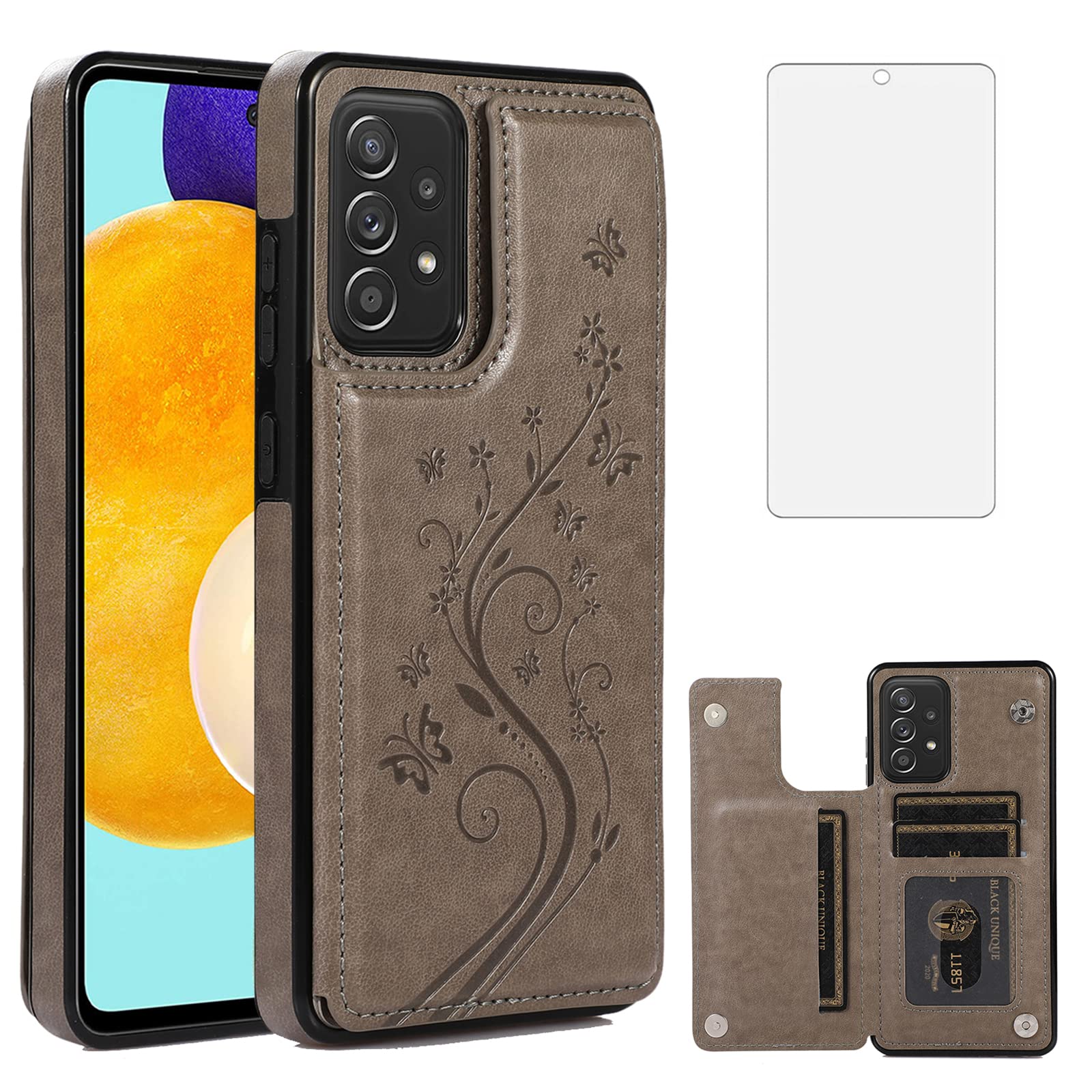 Samsung Galaxy A52 5G/4G Phone Case with Tempered Glass Screen Protector, Card Holder & Stand - Flip Leather Wallet Cover for Women & Men (Gray) - Perfect for Daily Use, Travel, and Hands-Free Viewing