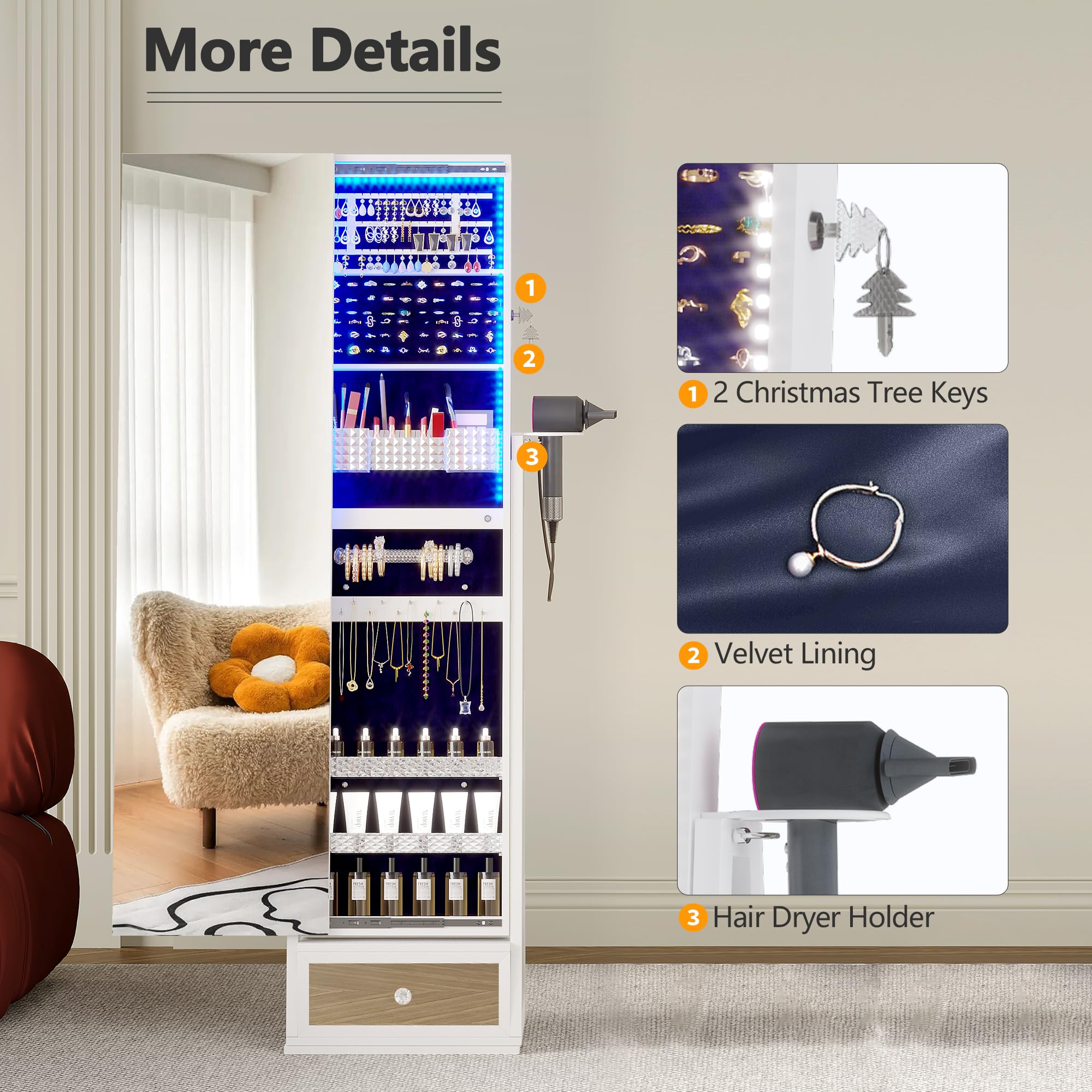 Full Length Mirror with Jewelry Armoire Storage - 360° Rotating Standing Jewelry Organizer Cabinet with LED Lights, Sliding Mirror & Large Capacity for Bedroom, Dressing Room, Closet (White) - Perfect for Organizing Necklaces, Rings & Accessories