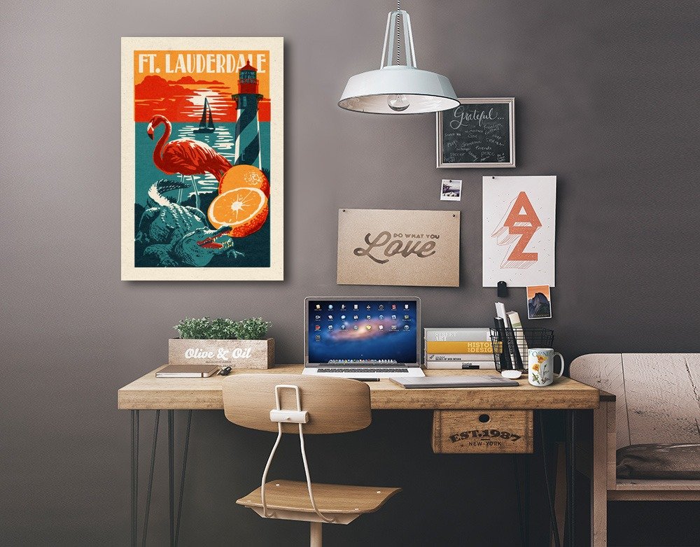 Florida Woodblock Art - 16x24 Wrapped Canvas Wall Decor for Living Room, Bedroom & Office | Ft. Lauderdale Landscape Painting, Ready to Hang Home Decor