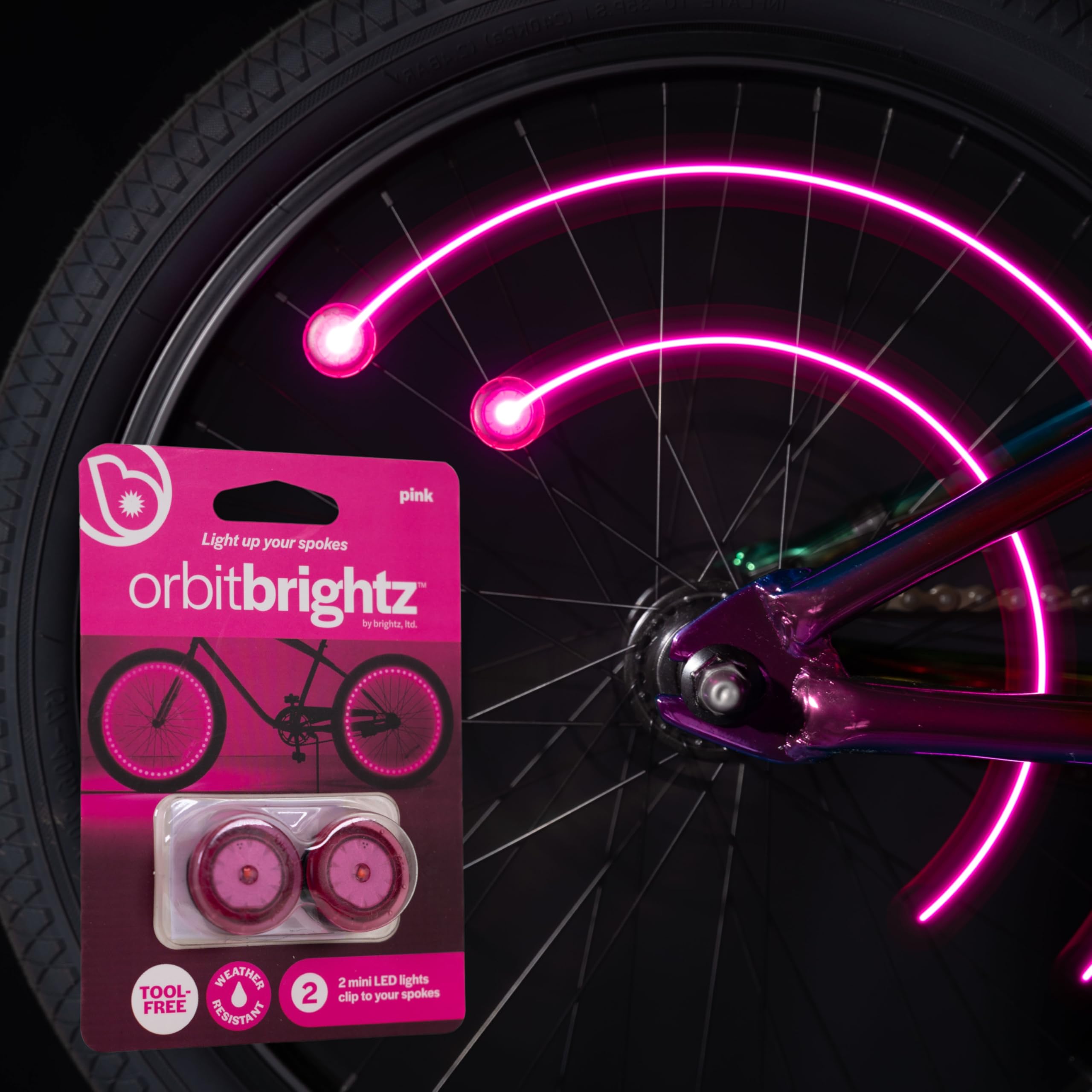 Brightz Orbit LED Bike Spoke Lights - Mini Bicycle Wheel Lights for Kids & Adults, Pink - Perfect for Night Riding, Burning Man, Festivals & Outdoor Adventures