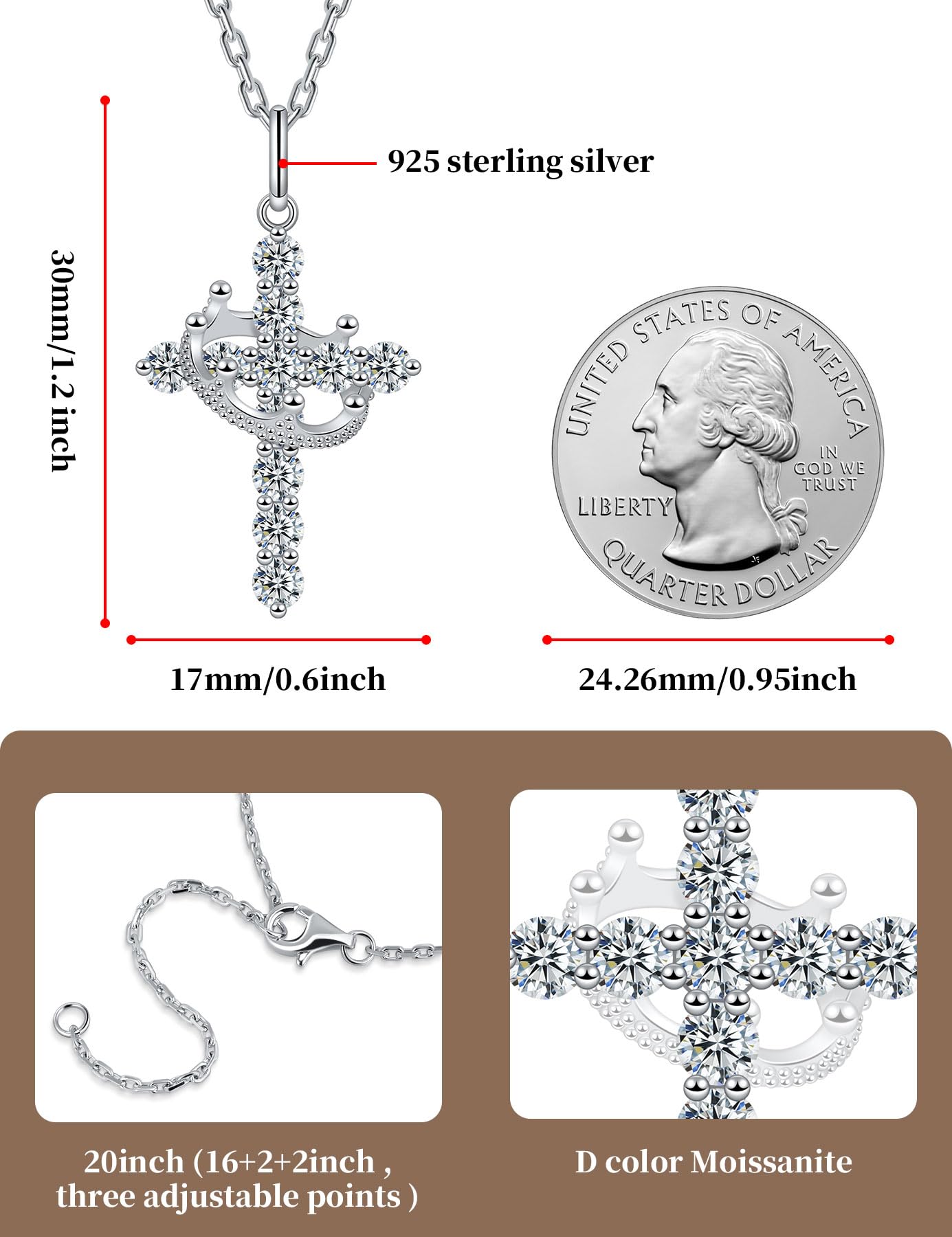 Moissanite Cross Necklace with Crown for Women - Sterling Silver Christian Faith Pendant Jewelry - Elegant Gift for Baptism, Confirmation & Religious Occasions