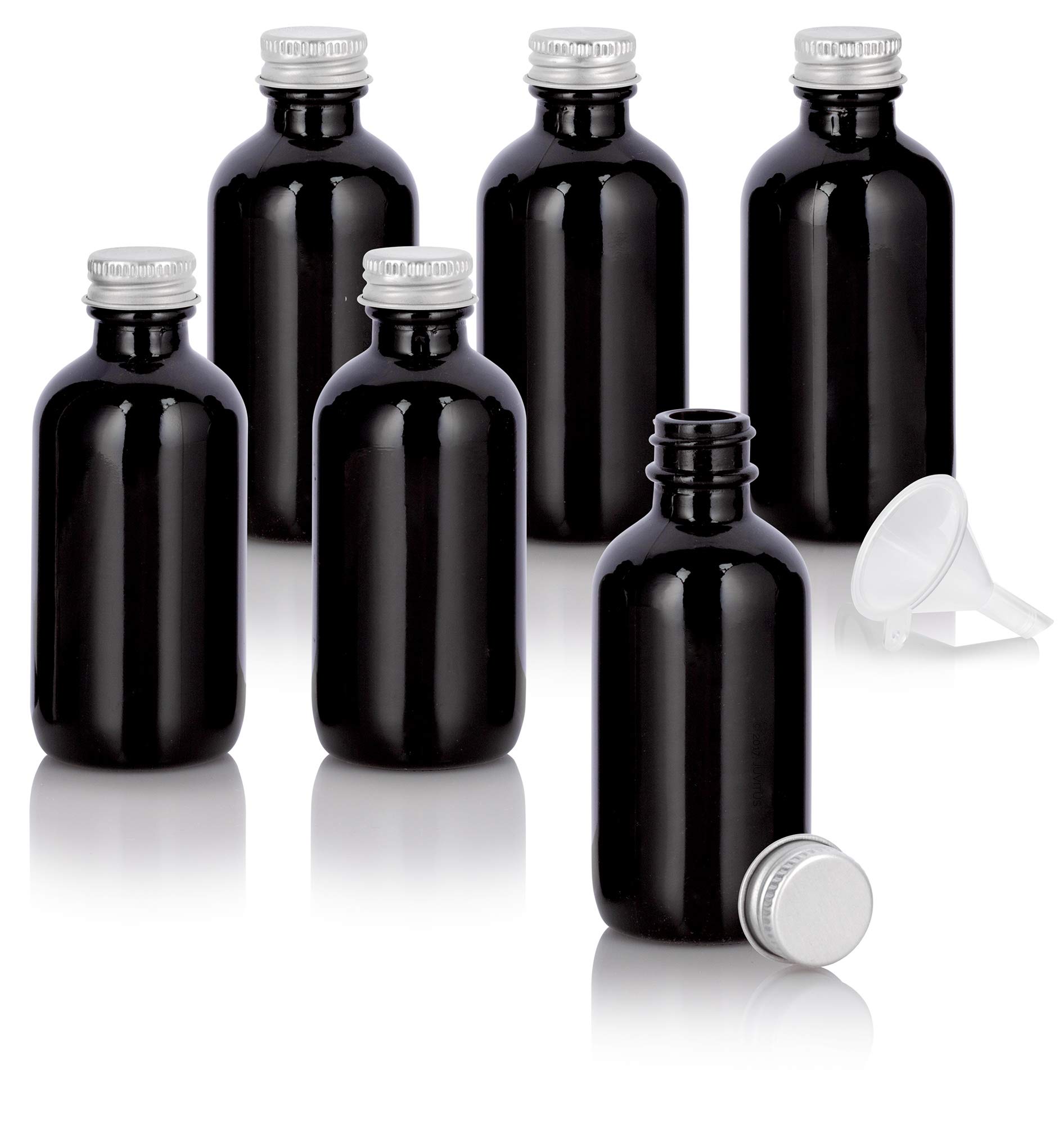 Premium 2 oz Black Glass Boston Round Bottles with Silver Metal Screw Caps & Funnel - 6 Pack Set for Essential Oils, Perfumes, DIY Beauty Products - Perfect for Home, Salon & Travel Use