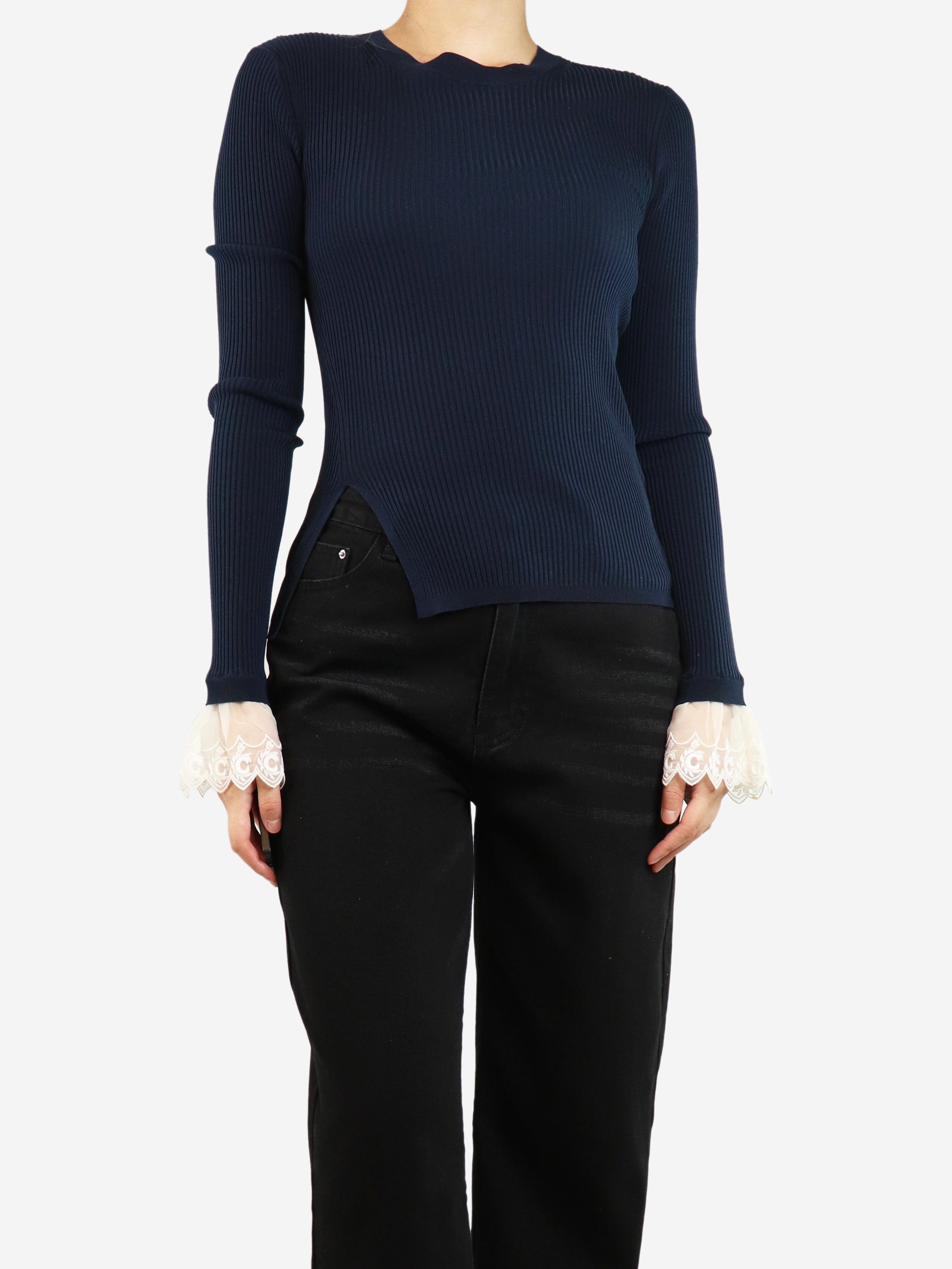 Blue Ribbed Sweater with Frilly Sleeves - Size S | Women's Fashion Knitwear for Casual Wear & Date Nights