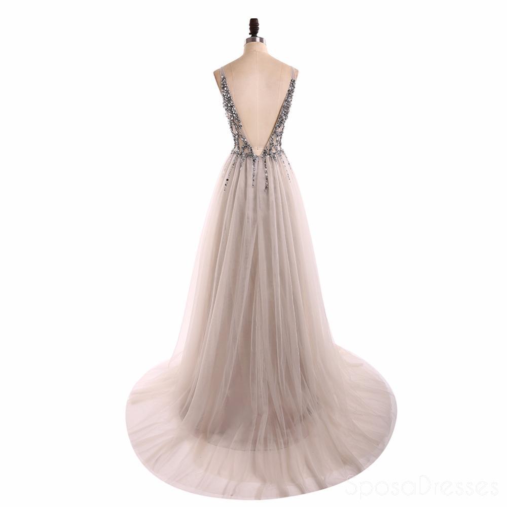 Elegant Grey V-Neck Beaded Long Evening Prom Dress for Women - Sexy See-Through Sweet 16 Dresses - Perfect for Formal Events, Parties & Special Occasions (Style 18351)