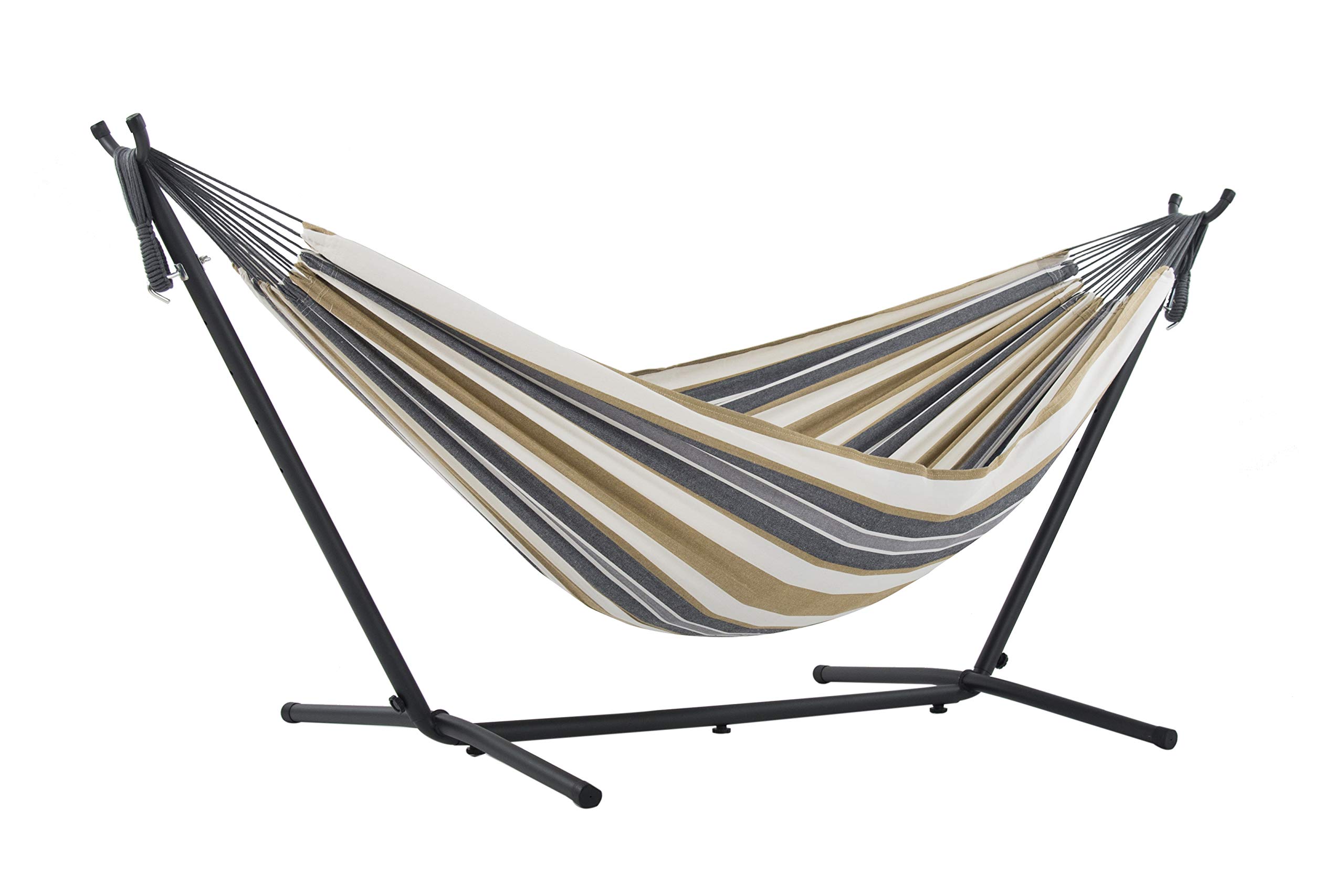 Vivere Double Cotton Hammock with Space-Saving Steel Stand - Desert Moon & Charcoal Frame (450 lb Capacity) - Includes Premium Carry Bag - Perfect for Backyard, Camping, Beach & Outdoor Relaxation