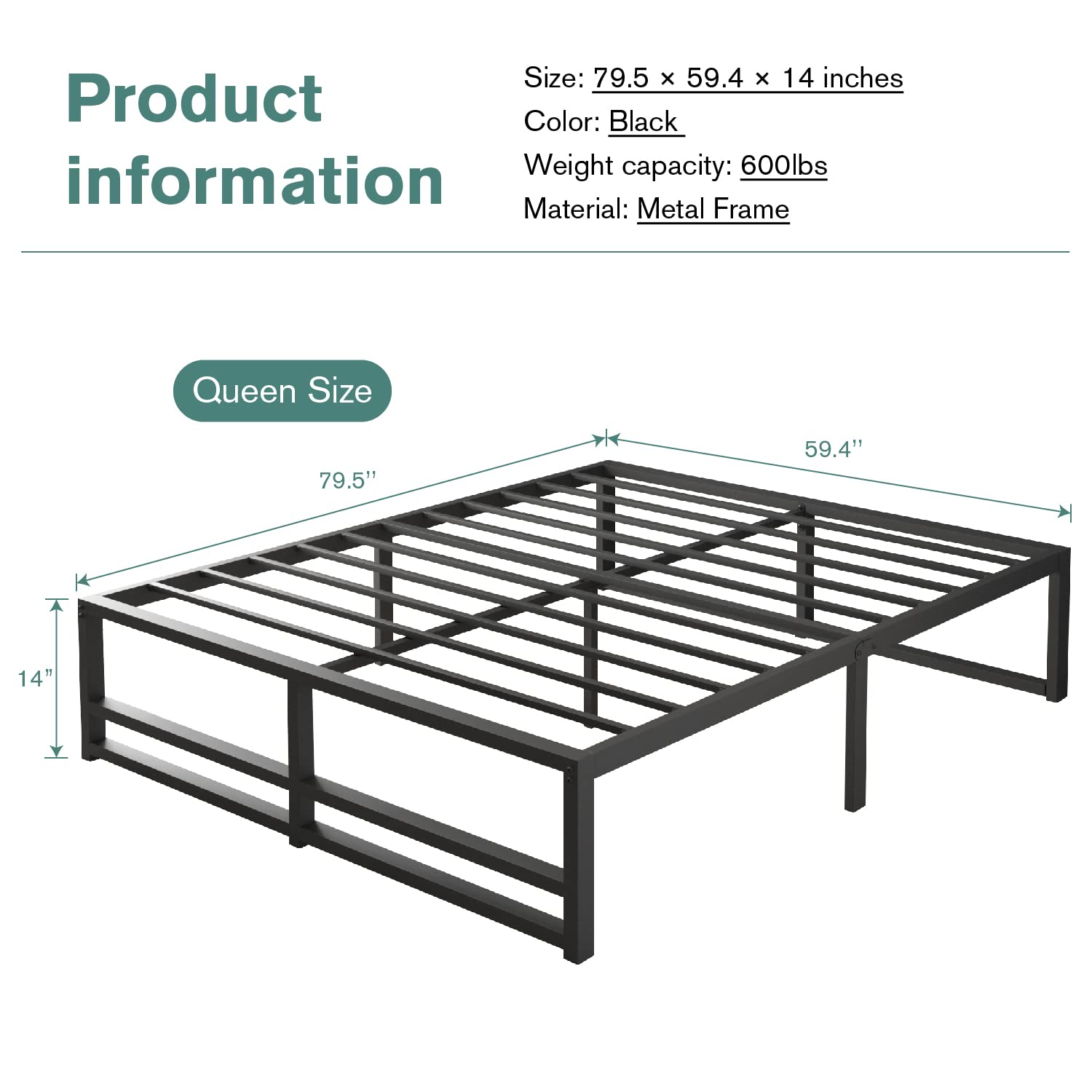 14'' Metal Platform Queen Bed Frame with Steel Slats - No Box Spring Needed, Easy Assembly & Underbed Storage | Sturdy Mattress Foundation for Bedroom, Guest Room, Dorm