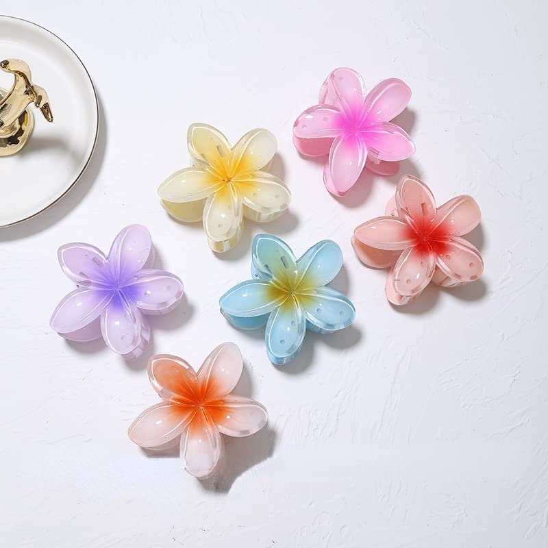Hawaiian Plumeria Flower Hair Clips - Acrylic Gradient Color Petals Hair Claw Clamps (6 Pack) for Women, Bridal Hair Accessories, Wedding Party, Beach Vacation & Summer Outfits