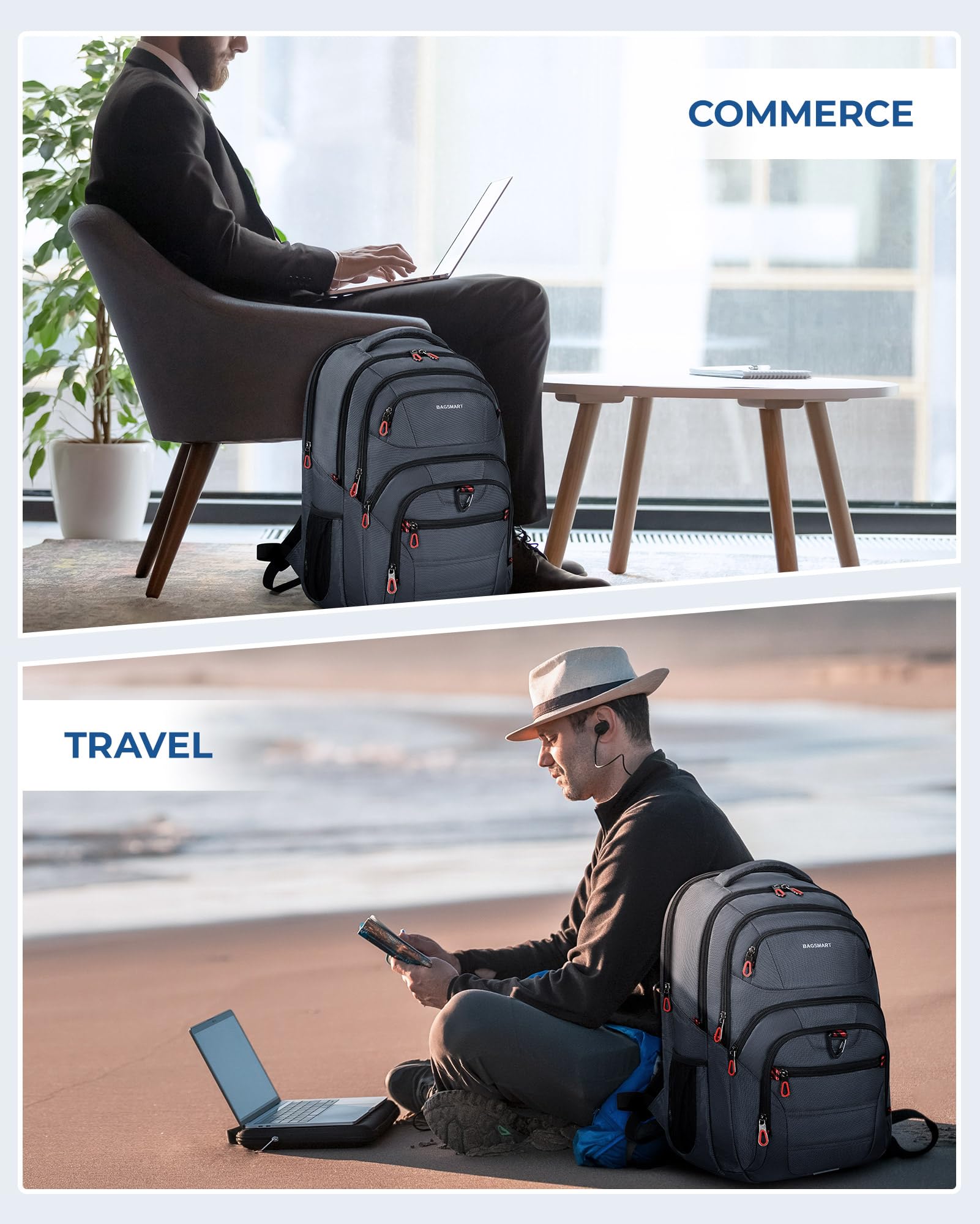 BAGSMART 17.3 Inch Large Travel Laptop Backpack for Men & Women - Waterproof Airline Approved Carry On Backpack with USB Charging Port - Perfect for Business, College, Hiking & Weekend Trips - Black