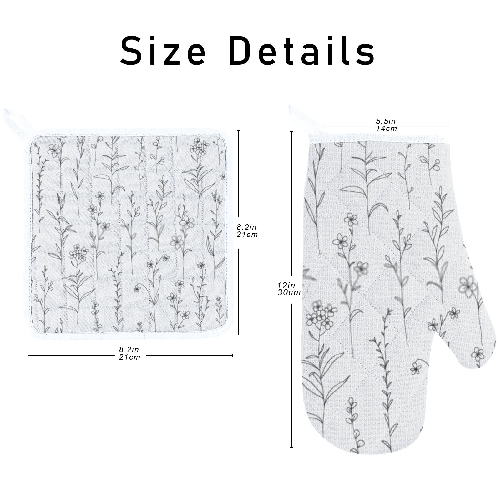 2-Piece Wild Flower Silhouette Oven Mitts & Pot Holders Set - Heat Resistant Gray Kitchen Gloves with Soft Cotton Lining & Non-Slip Surface - Perfect for Cooking, Baking, Grilling & BBQ (Hand Drawn Floral Design)