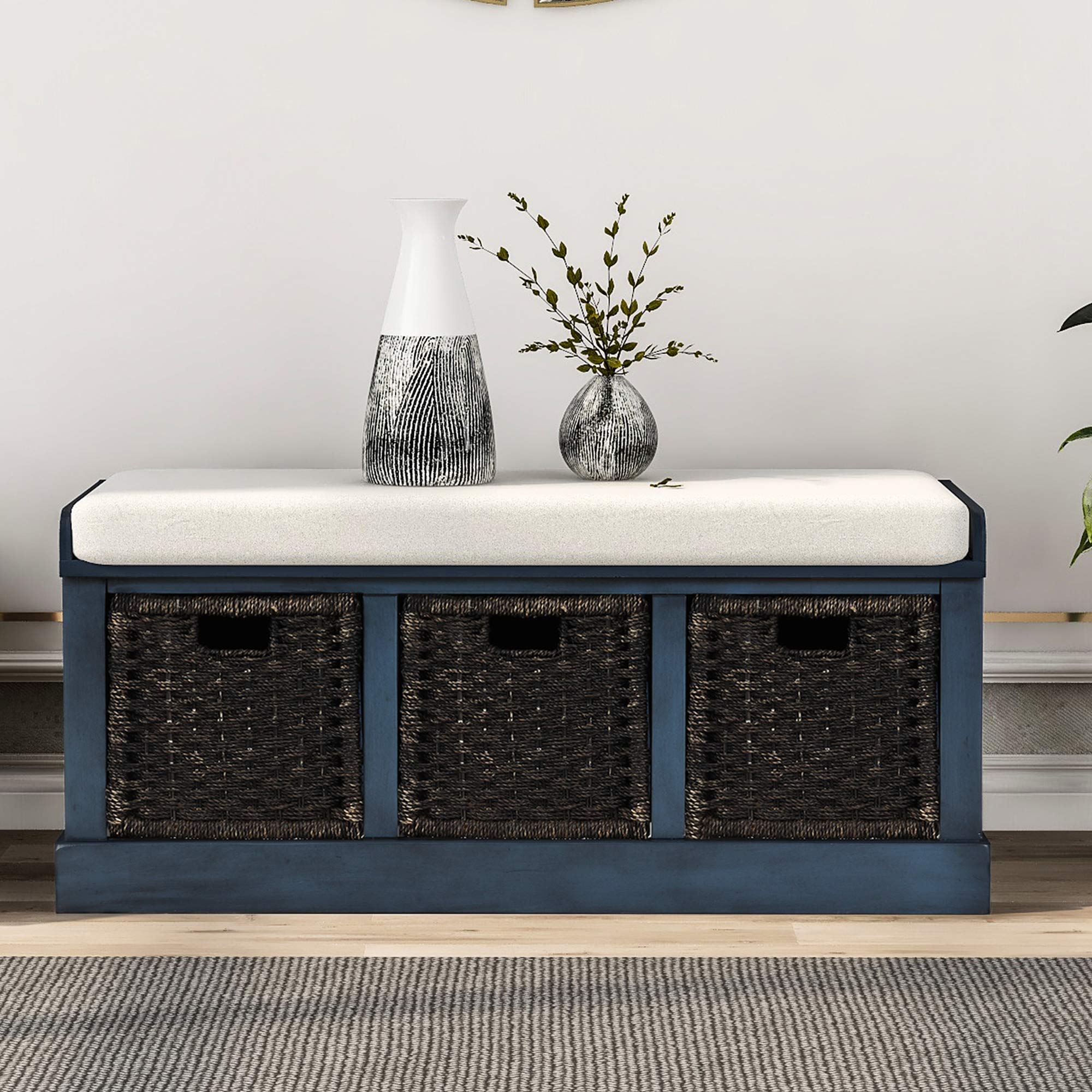 P PURLOVE Rustic Entryway Storage Bench with 3 Removable Baskets & Cushion - Fully Assembled Shoe Organizer for Hallway, Living Room & Bedroom - Perfect for Home Decor, Entry Organization & Cozy Seating