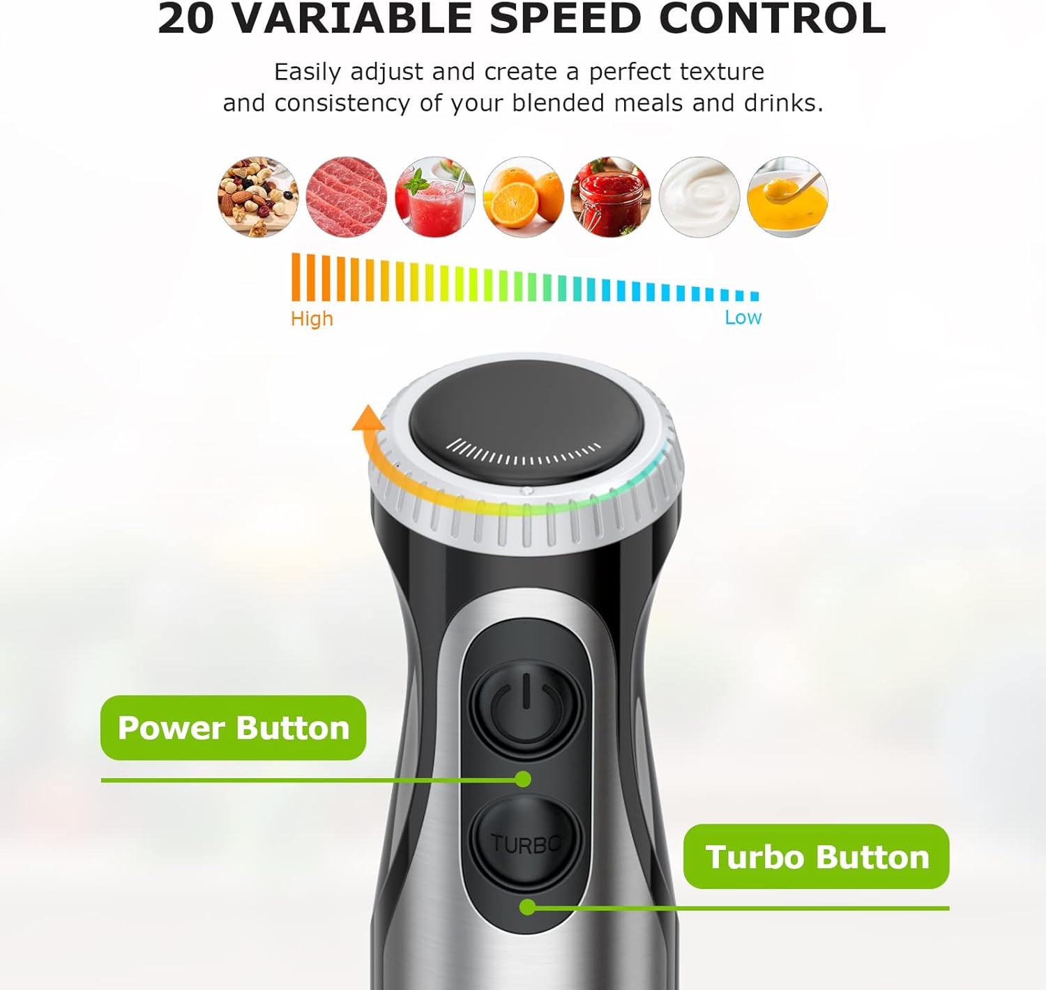 Bonsenkitchen 500W Immersion Hand Blender with Whisk - 20 Speed & Turbo Mode, 304 Stainless Steel Stick Blender for Smoothies, Soup, Baby Food, Puree - Perfect for Kitchen, Restaurant & Home Cooking