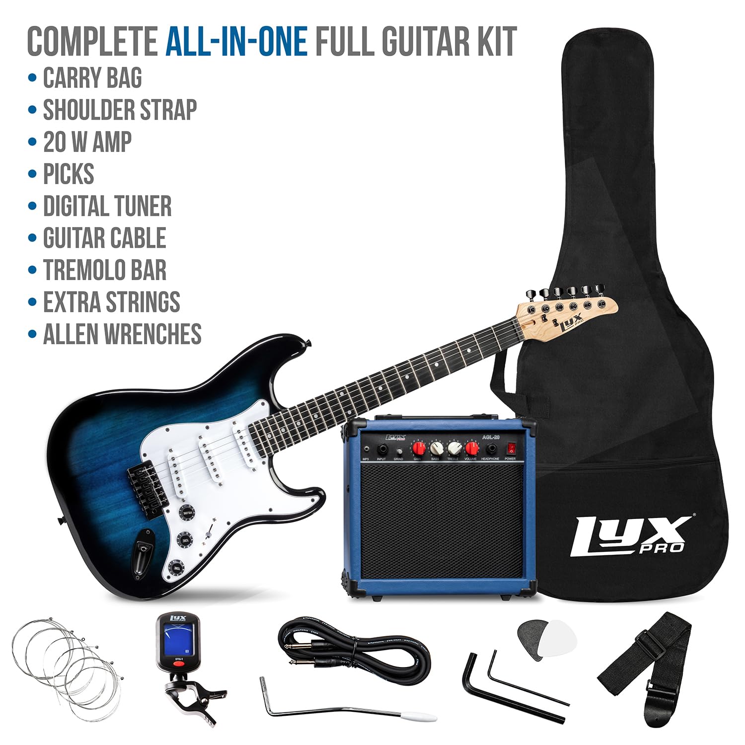 LyxPro 39 Inch Full Size Electric Guitar Starter Kit with 20W Amplifier, Digital Clip-On Tuner, Tremolo Bar, Shoulder Strap & Case Bag - Blue | Perfect for Beginners, Practice, Live Performances & Home Recording