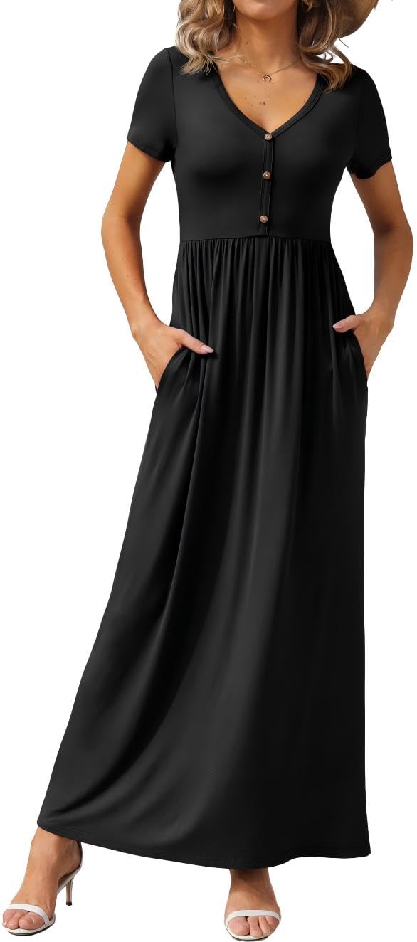 GRECERELLE Women's Long Maxi Dresses 2025 - Short Sleeve V Neck Casual Summer Button Dress with Pockets - Perfect for Beach, Vacation, and Outdoor Parties