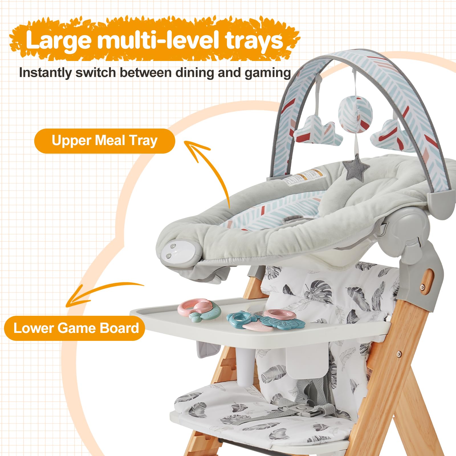 Convertible Wooden High Chair with Baby Bouncer & Tray - Adjustable Toddler Highchair for 6+ Months - Water Resistant Natural Wood Baby Chair for Dining & Feeding - Perfect for Home, Nursery & Restaurants