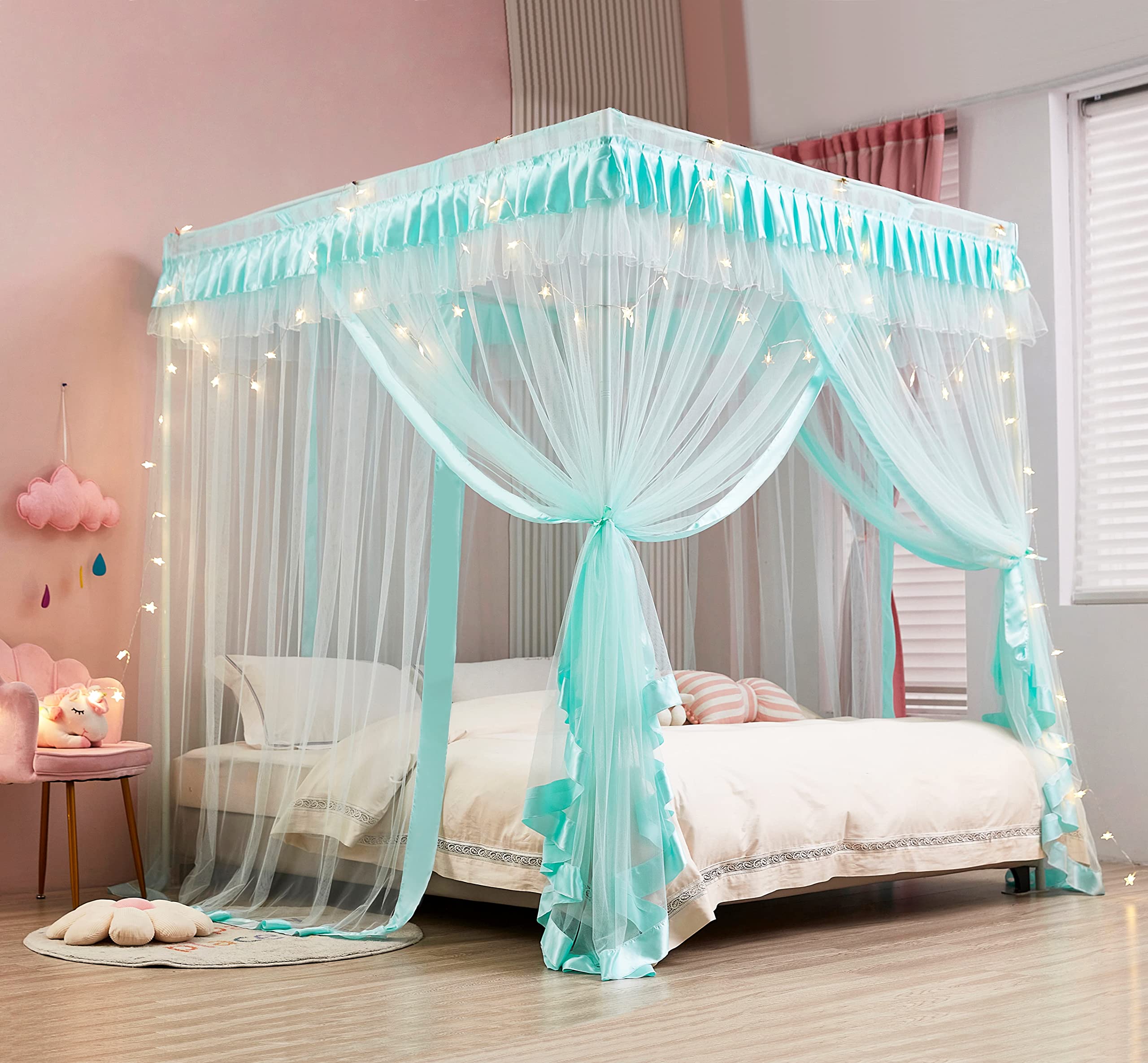 Luxury Mengersi Full Size Canopy Bed Curtains - Royal Cozy Drape Netting for Princess Bedroom Decor (Sky Blue) | Perfect for Kids Rooms, Nursery Decor & Fairy Tale Themed Bedrooms