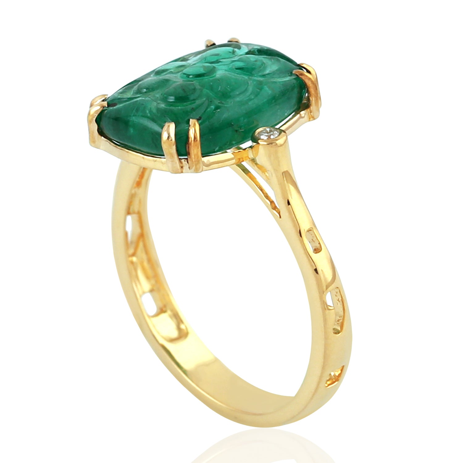 Solid Gold Designer Ring with Carved Cushion Emerald & Diamond Bezel - Perfect for Engagement, Anniversary & Luxury Jewelry Gifts