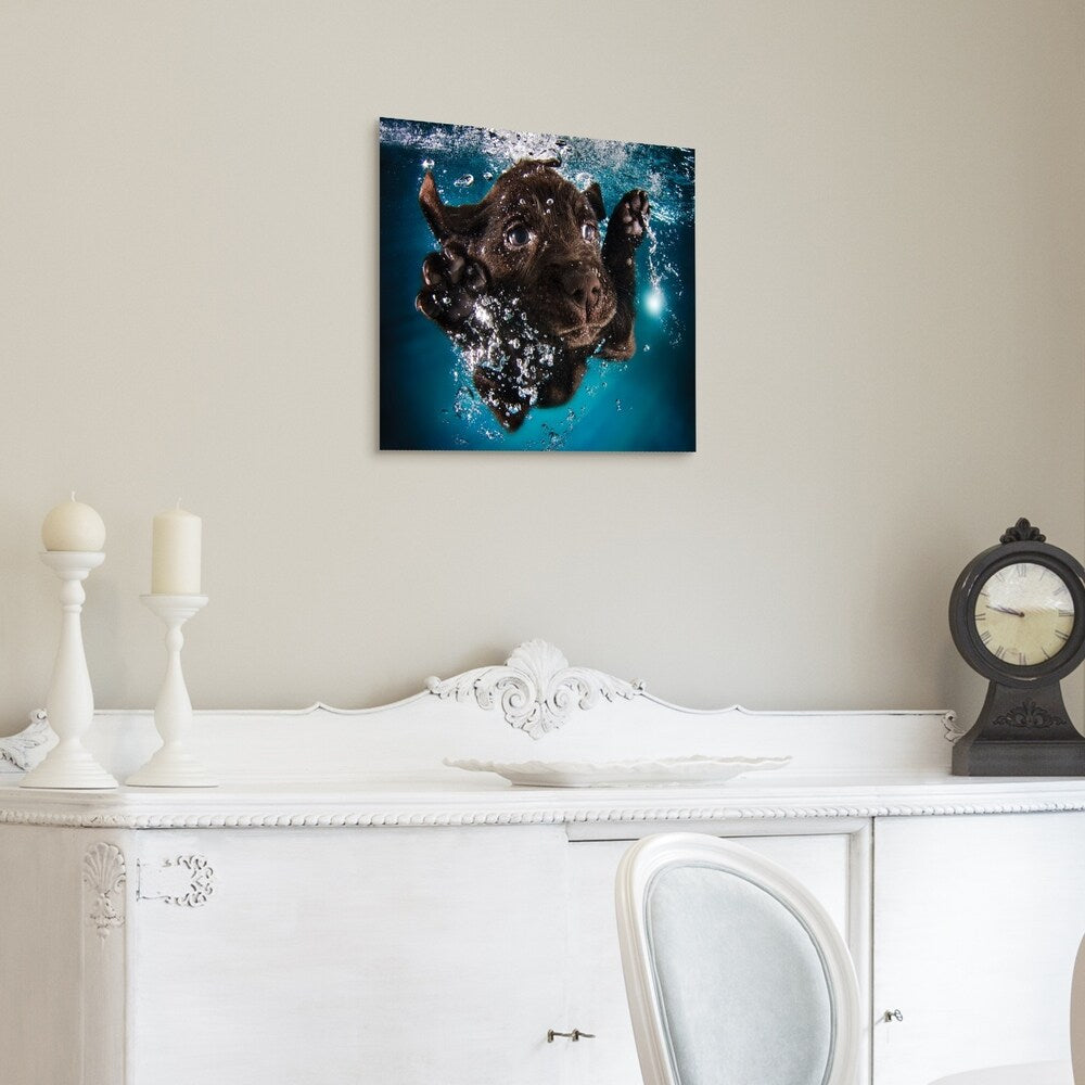 Black Lab Dog Wall Art - Frameless Floating Tempered Glass Panel in Blue & Brown - Perfect for Living Room, Bedroom, or Office Decor