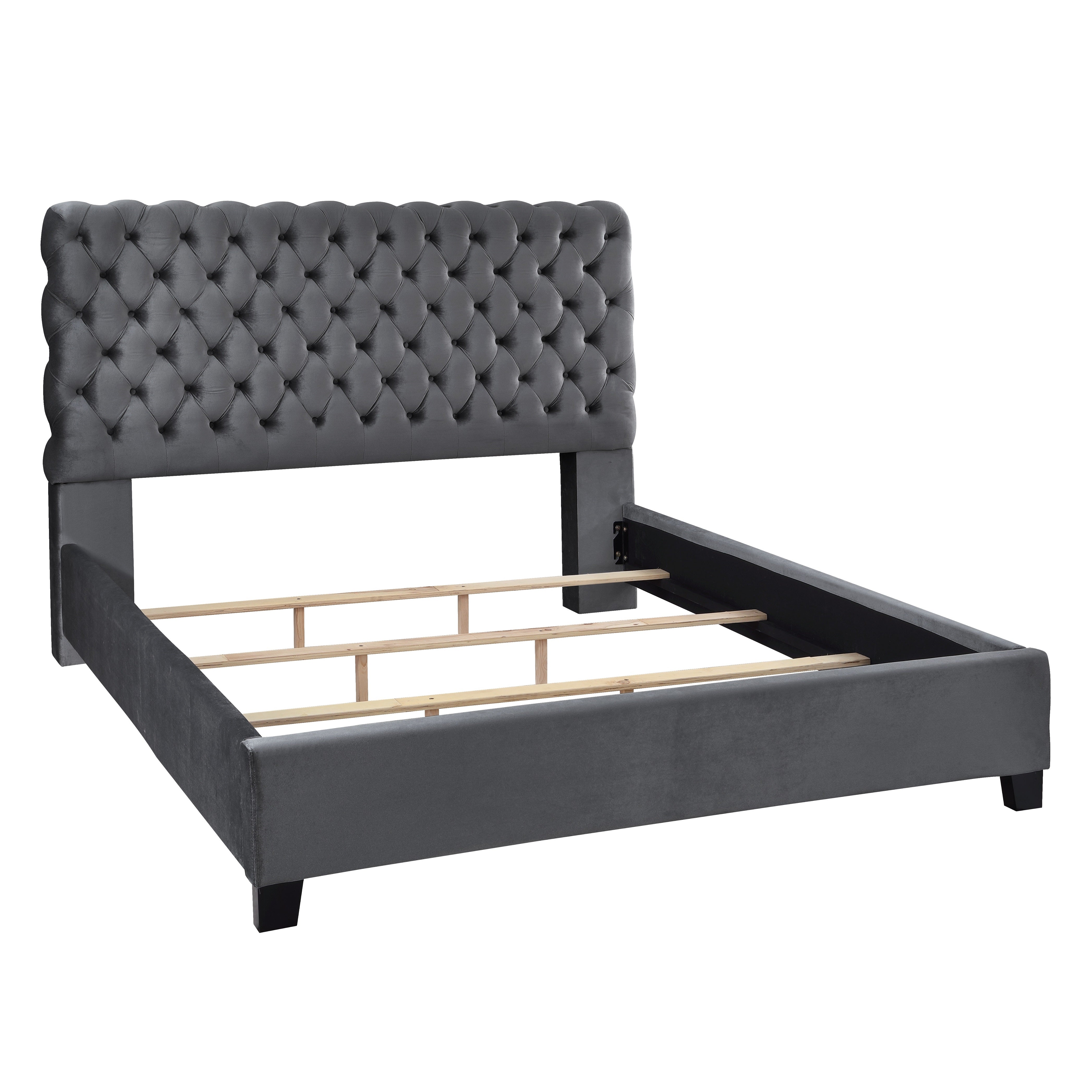 Roundhill Furniture Apoera Velvet Upholstered Button Tufted Queen Bed Frame - Soft Gray Luxe Bedroom Furniture for Master Suite & Guest Room