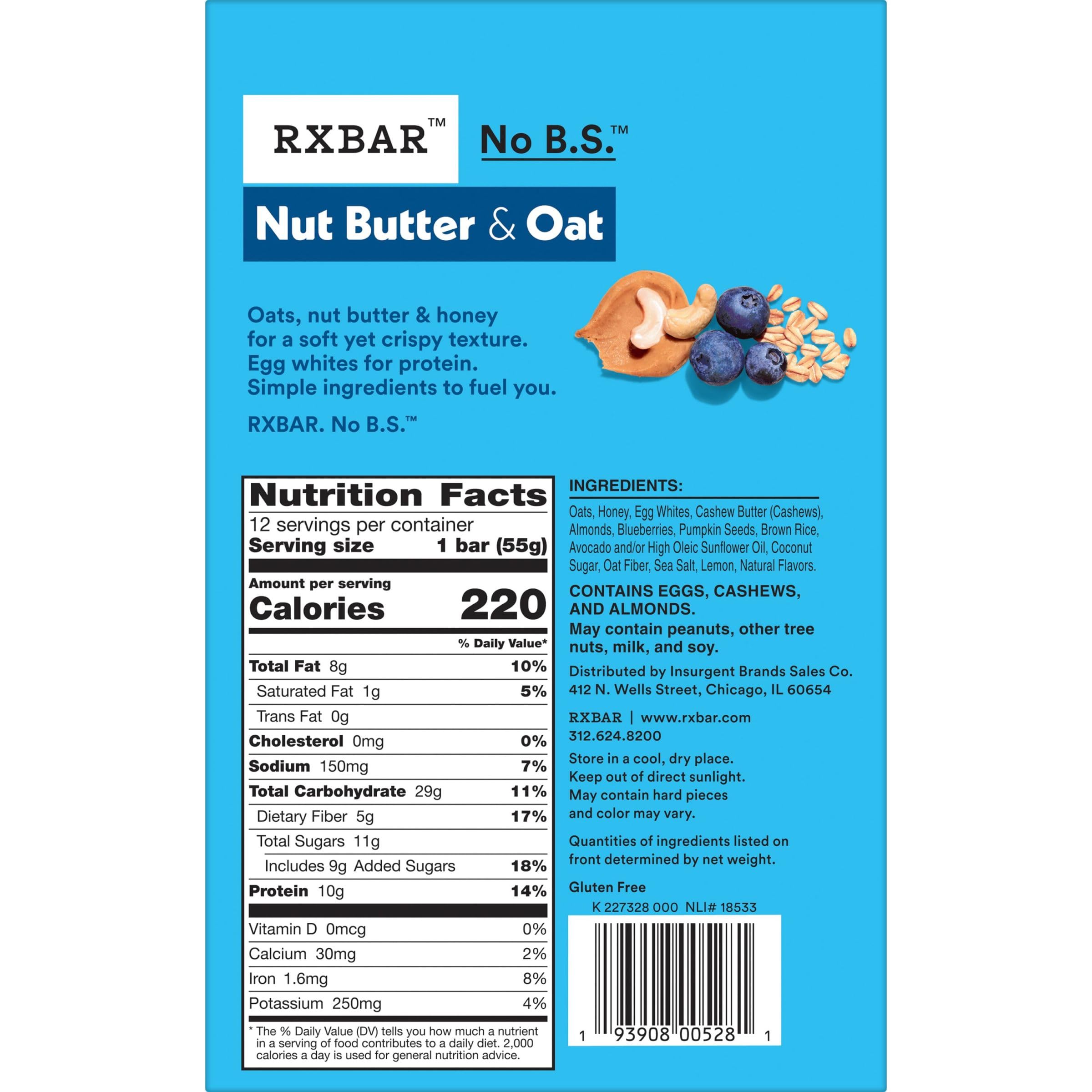 RXBAR Protein Bars - Blueberry Cashew Butter, 12 Pack for Workout & Snacking