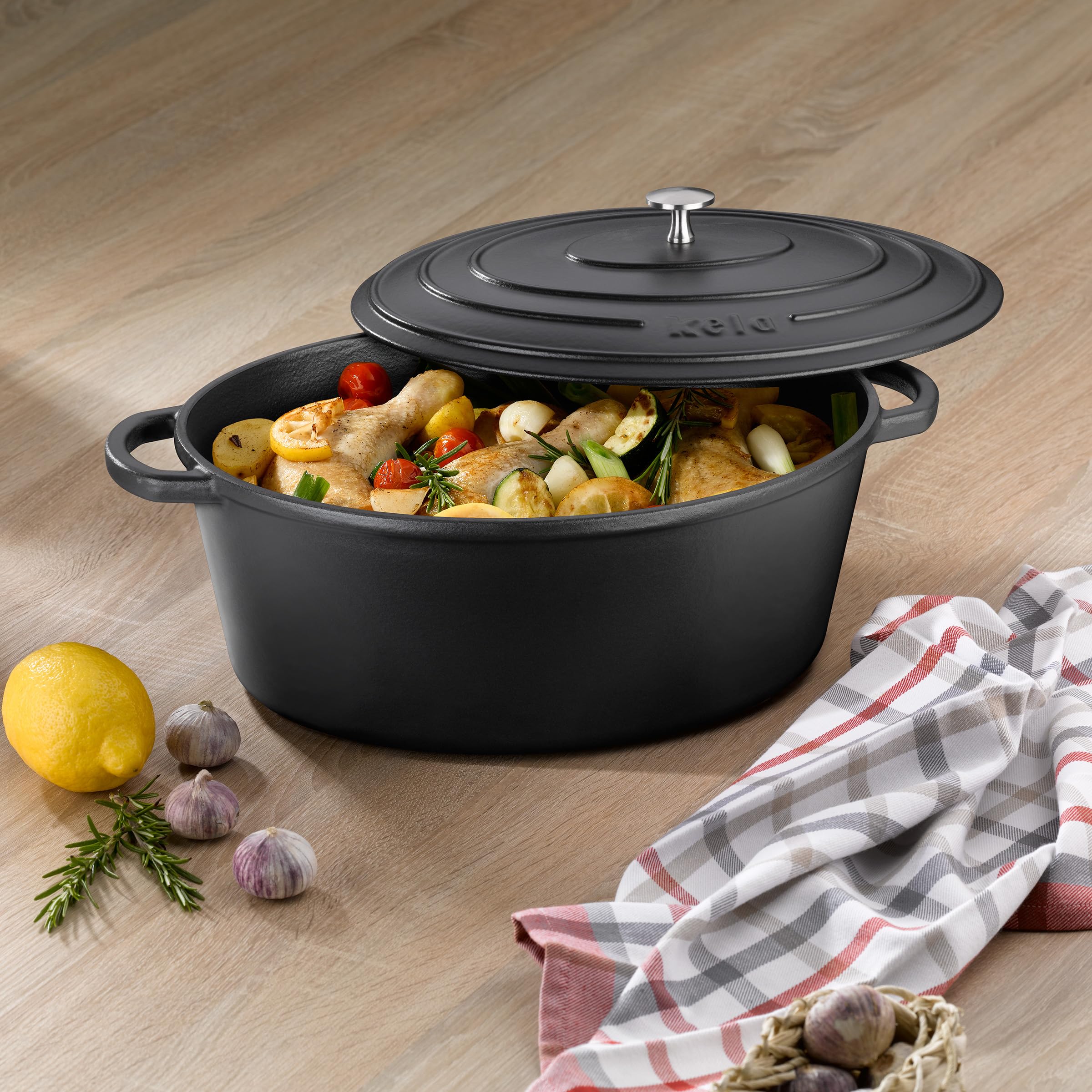 Kela Calido 9.5L Cast Iron Oval Casserole Dish - Black Enamel Dutch Oven for Baking, Roasting & Serving - Perfect for Oven, Stovetop & Camping Cooking