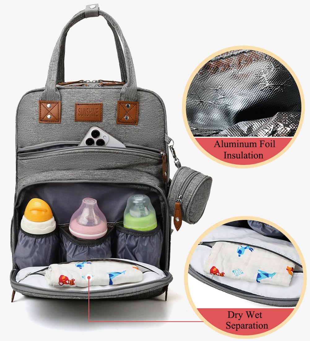 Waterproof Diaper Backpack for Moms - Large Capacity Multifunctional Baby Travel Bag with Changing Pad | Stylish Grey Maternity Nappy Organizer for Daycare, Outings & Family Trips