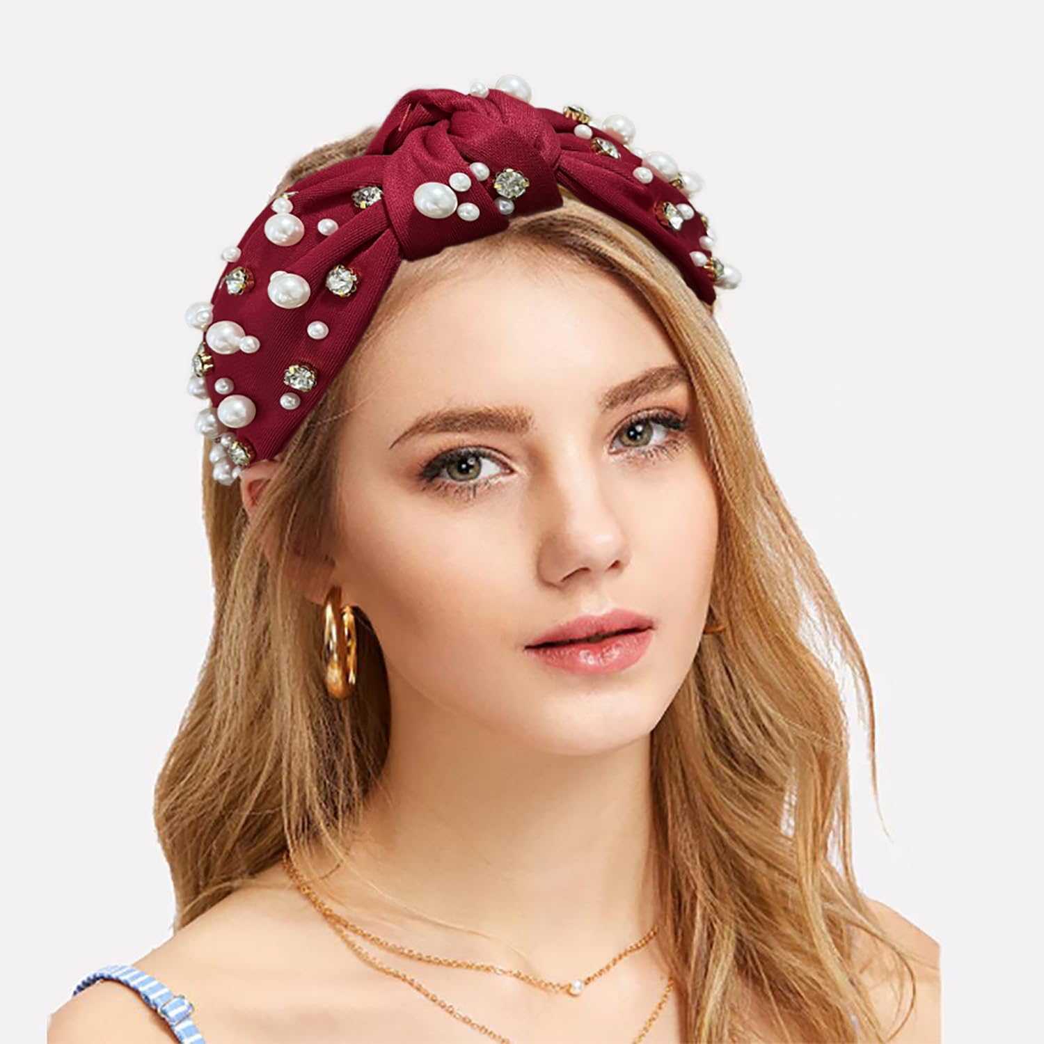 Luxury Crystal Knotted Headband for Women - Pearl & Rhinestone Beaded Wide Hairband - Fashionable Top Knot Hair Accessories for Girls & Ladies - Perfect for Weddings, Parties & Special Occasions
