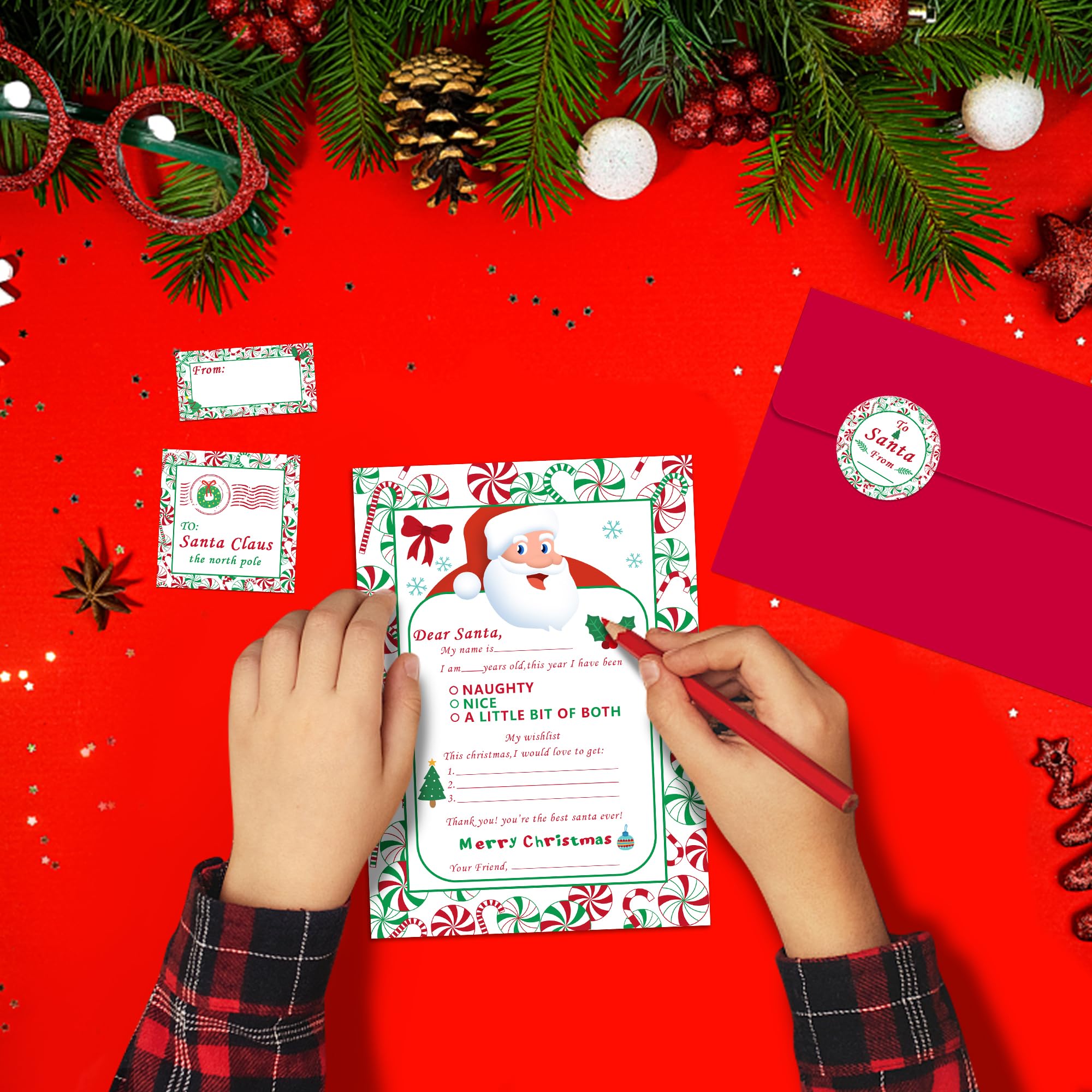 Watayo 40 PCS Official Letter to Santa Kit - 8 Christmas Fill-in-the-Blank Cards with Red Envelopes & Stickers - 5