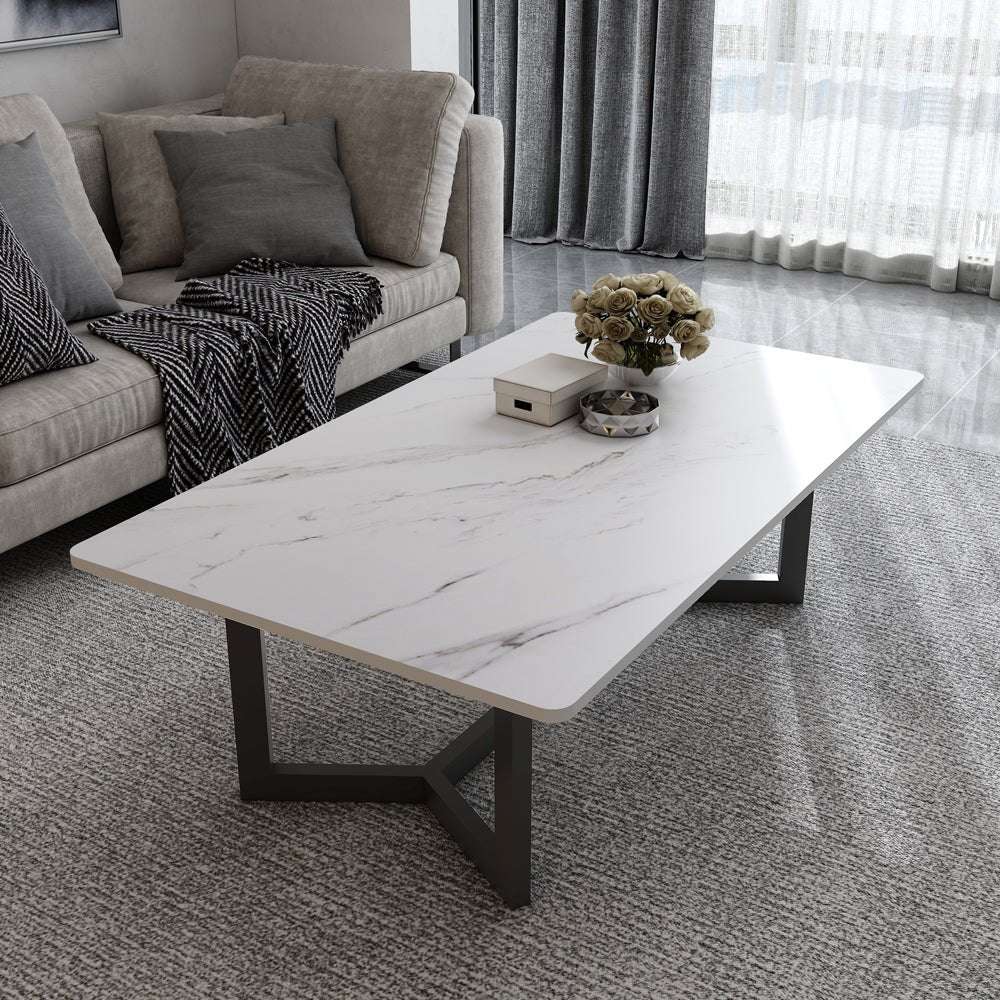 120x60cm Matte Grey Minimalist Slate Coffee Table - Modern Marble Tea Table for Living Room, Rectangle Cocktail Side Table with Solid Metal Legs - Perfect for Small Spaces, Apartments & Lounge Decor
