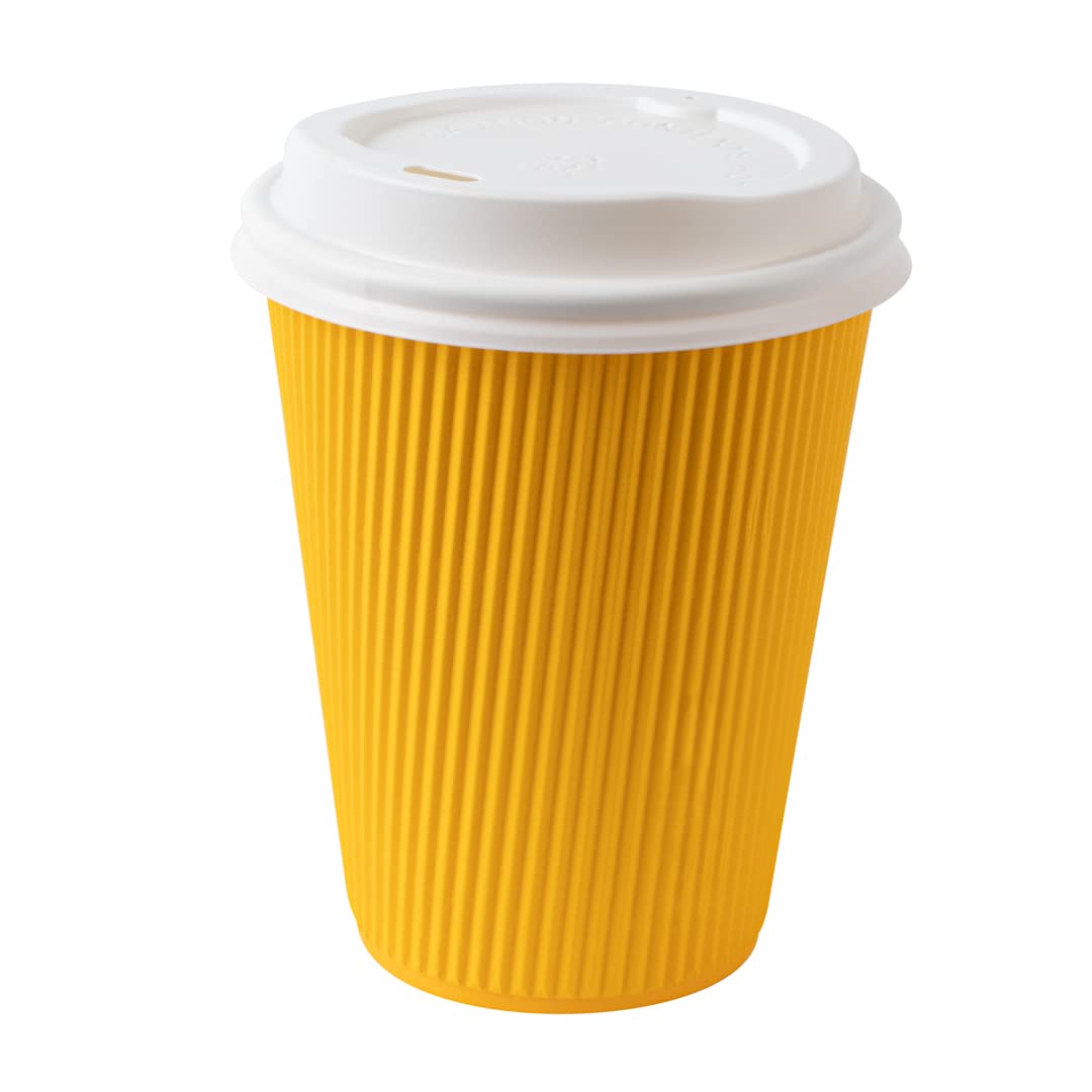 12oz Insulated Coffee Cups with Lids - 200 Pack Leakproof Disposable Hot Drink Cups for Restaurant, Cafe & Office | Yellow Ripple Wall Paper Cups for Coffee, Tea, Hot Chocolate & Lattes | BPA Free & Non-Slip Design