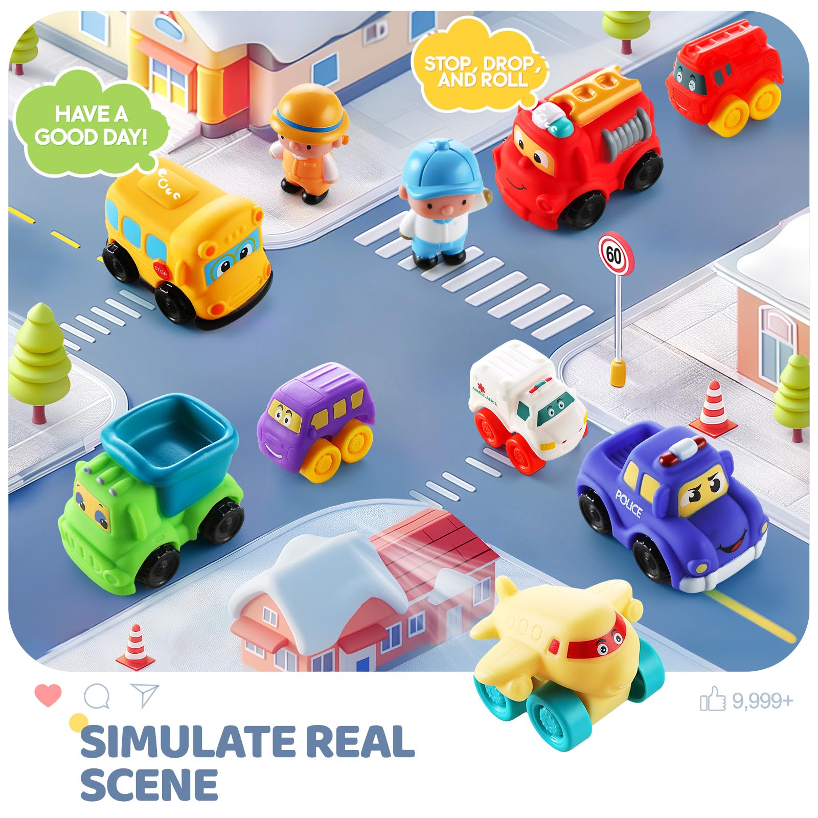 12-Piece Soft Rubber Toy Car Set for 1-3 Year Old Boys - Non-Toxic Cartoon Vehicle Figures with Playmat & Storage Bag | Perfect Baby Toys for 12-18 Months Toddlers | Ideal First Birthday & Valentine's Gift | Great for Playtime, Early Learning & Sensory Development