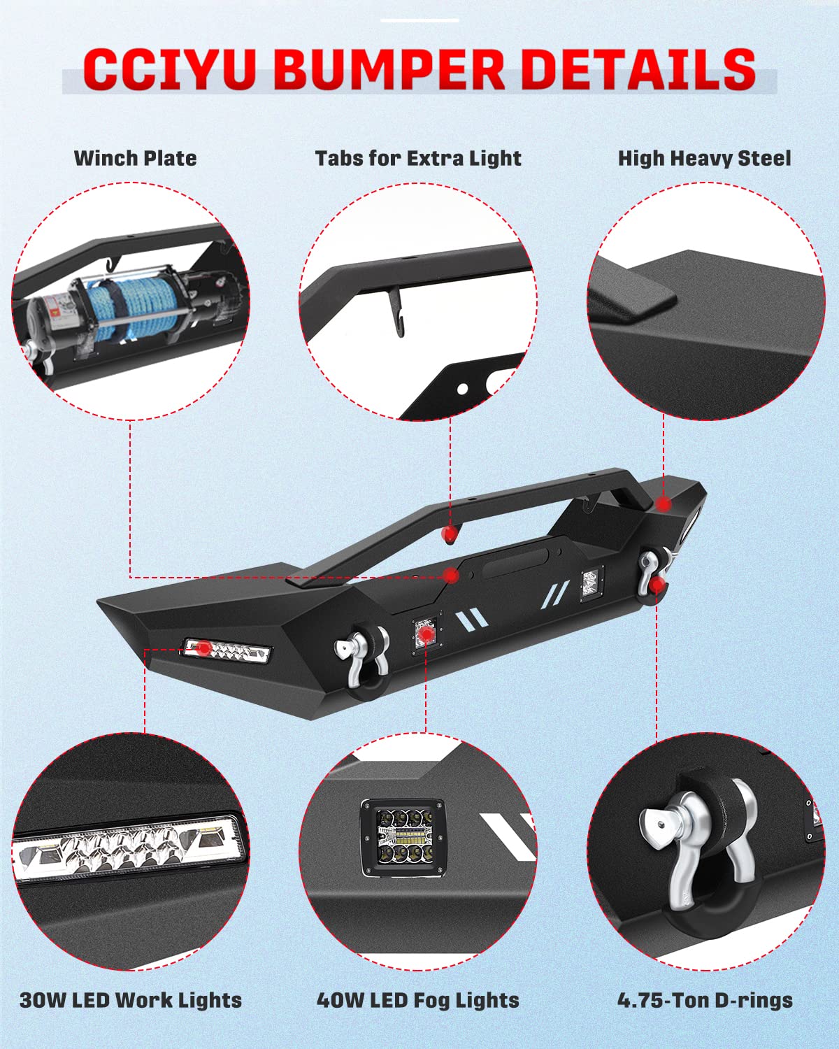 CCiyu Textured Black Front Bumper with D-Ring & LED Lights | Winch Plate Compatible for Jeep Wrangler JK 2007-2018 | Off-Road Adventure & Heavy-Duty Protection