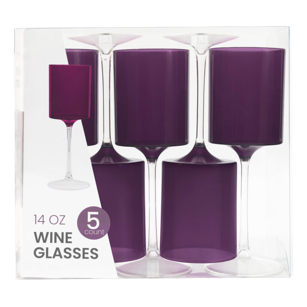 Elegant Two-Tone 14 Oz Purple & Clear Plastic Wine Goblets - Set of 5 - Perfect for Parties, Weddings, and Outdoor Events