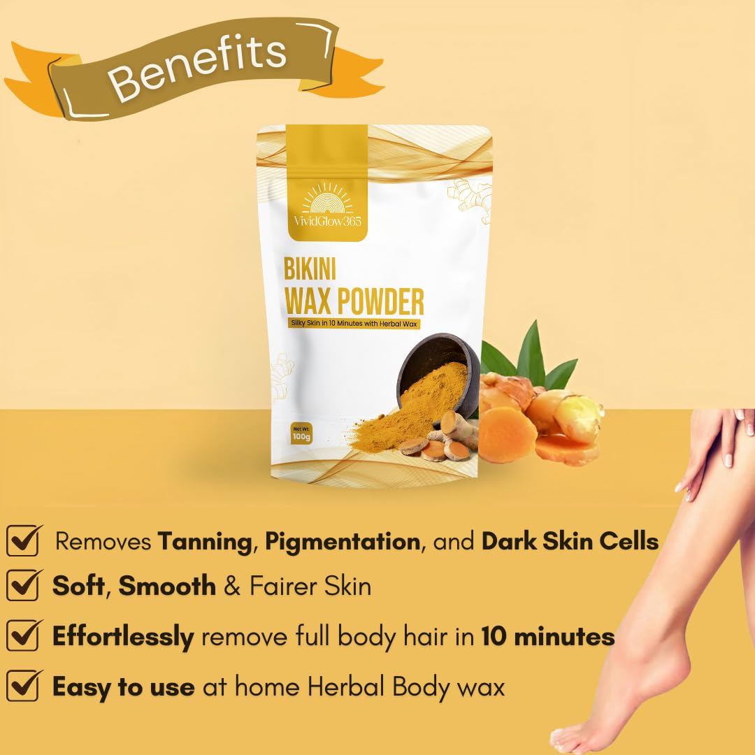VividGlow365 - Best Bikini Wax Powder for Women - Natural & Gentle Hair Removal at Home - No Chemicals, No Irritation, No Skin Rashes - 100g - Perfect for Smooth Skin Before Beach, Pool, or Vacation